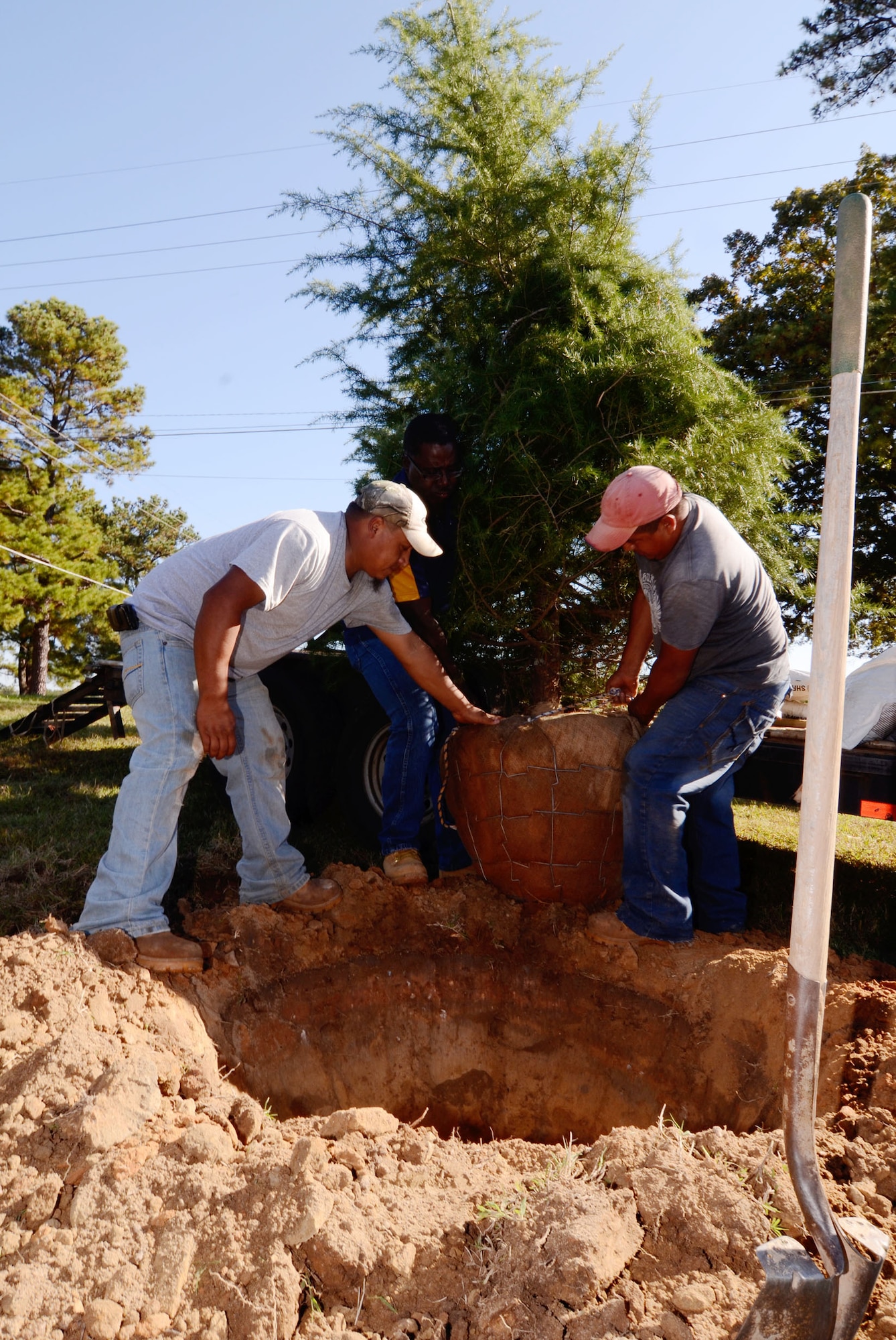 Landscaping crews from Lithonia, Ga., plant a base Christmas tree near the front gate here Oct. 24. The tree was donated by Chuck Berry of Covington, Ga., and Starks. "Christmas is a big deal for us," said Berry. "We look forward to sharing this tree with Dobbins' servicemembers and anyone else who may pass by the main gate and see it."  (U.S. Air Force photo/Don Peek)