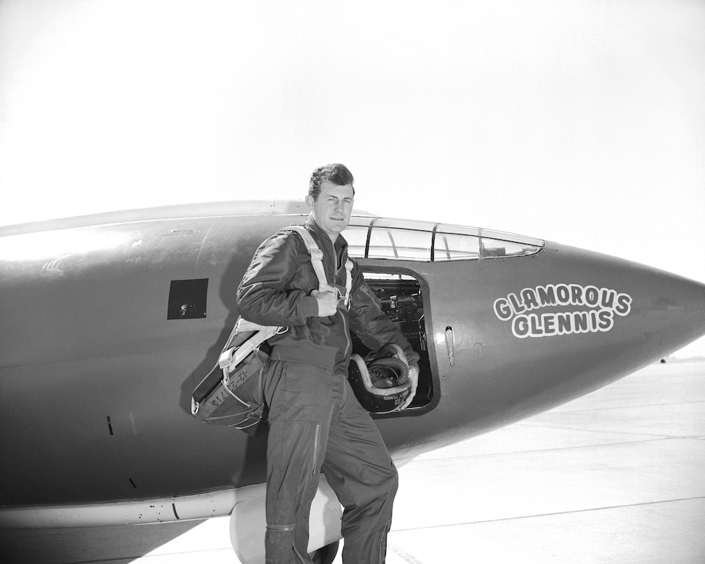 Air Force Captain Charles E. “Chuck” Yeager and the rocket-powered Bell X 1, which he dubbed the “Glamorous Glennis.” On October 14, 1947, Captain Yeager piloted the X-1 to Mach 1.06 (approximately 700 mph at 42,000 feet), becoming the first man to break the so-called "sound barrier."  (U.S. Air Force Photo courtesy AFFTC History Office) 