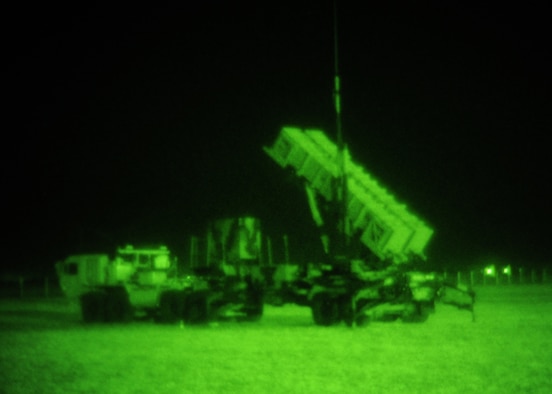 ALTUS AIR FORCE BASE, Okla. – One of the Patriot missile systems set up by the 4th Battalion 3rd Air Defense Artillery, Fort Sill, Okla., sits in the unit’s area of operation during their simulated deployment Oct.17, 2011. The 4-3 ADA BN brought about 250 soldiers to Altus AFB completing a 10-day training event that tested communications between multiple Patriot missile battery sites and evaluated how the unit would handle scenarios that could be encountered in a deployed environment. (U.S. Air Force photo by Airman 1st Class Kenneth W. Norman / Released / 97th Air Mobility Wing Public Affairs)
