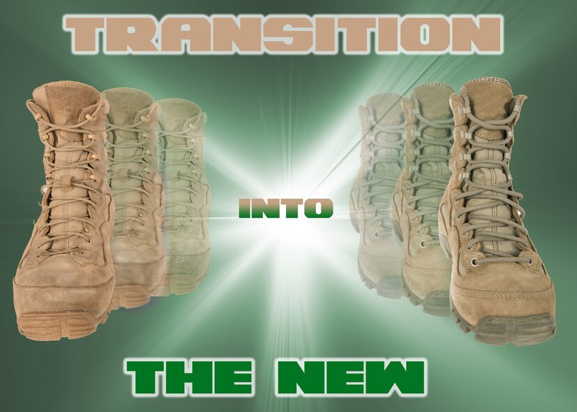 Effective Nov. 1, black and tan combat boots as well as desert camouflage and battle dress uniforms will be phased out. However, tan boots will be authorized in theater operations. The new change brings an end to a uniform era with decades of history. (U.S. Air Force illustration by Airman 1st Class Joshua Green/Released)
