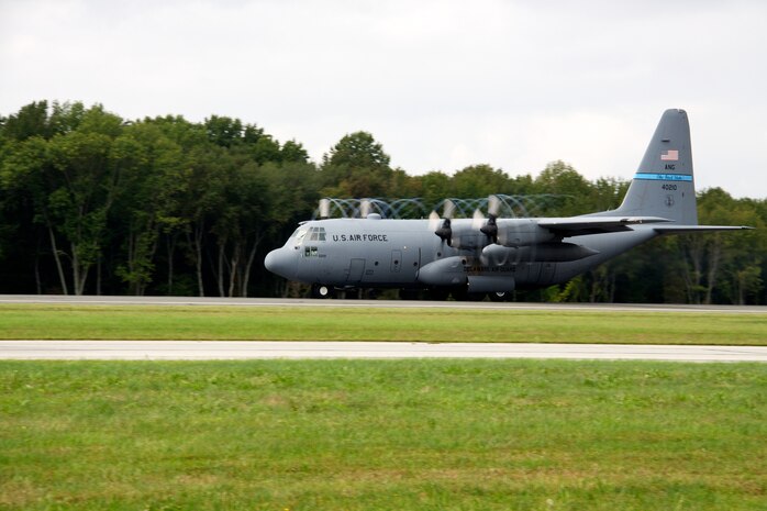 C-130H aircraft tail number 40210 from the 166th Airlift Wing, Delaware Air National Guard on a takeoff roll on the runway at the New Castle ANG Base, Del. on Sept. 22, 2011. (U.S. Air Force photo/Tech. Sgt. Lionel Castellano)