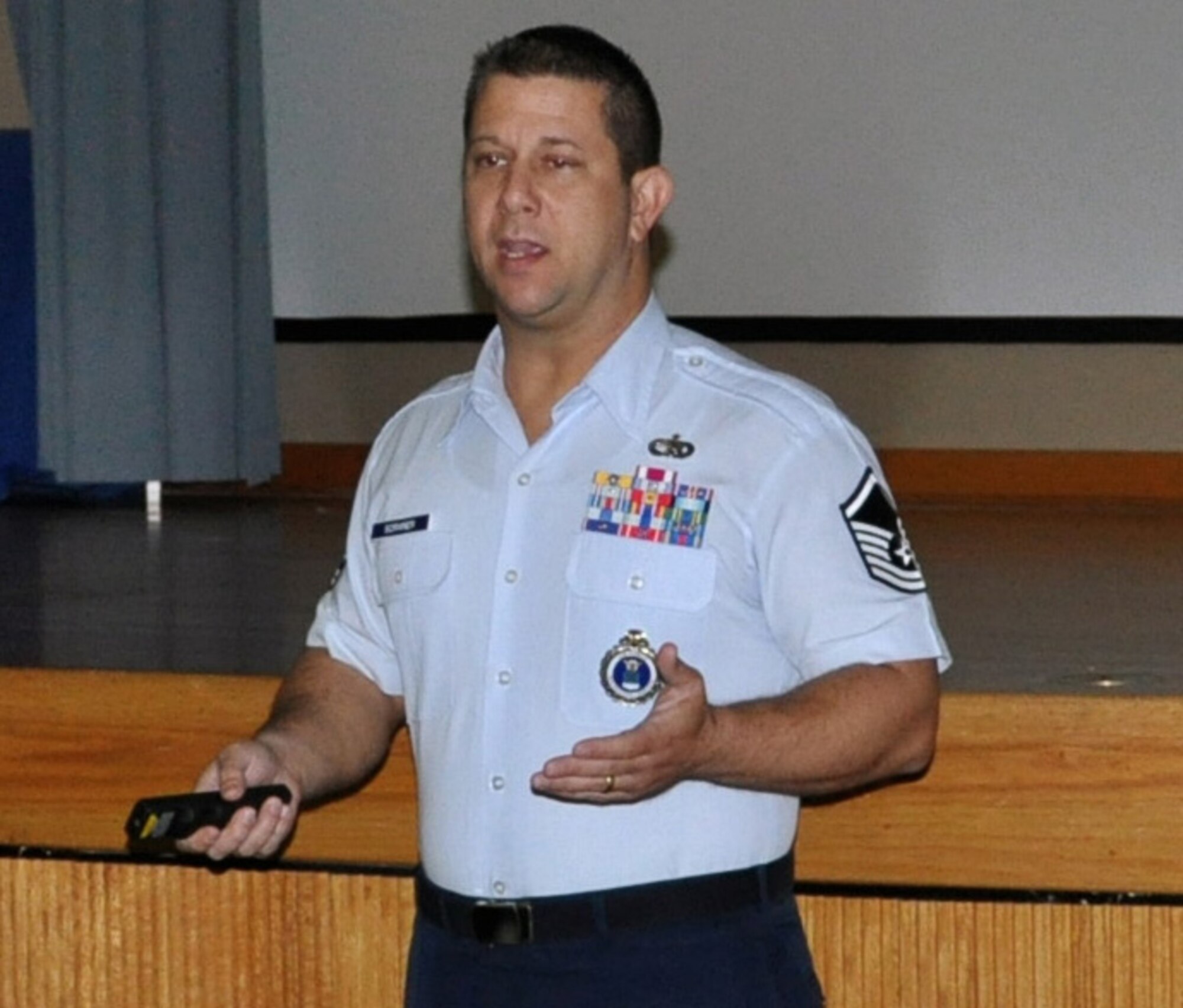 LAUGHLIN AIR FORCE BASE, TEXAS— MSgt. Wil Scrivner, Headquarters Air Force Recruiting superintendent recruiting screening team, briefs Laughlin Airmen about the opportunities of special duty assignments and becoming an Air Force recruiter. Special duty assignments offer benefits such as non-deployment status and location preference. (U.S. Air Force photo/2nd Lt. James Ramirez)