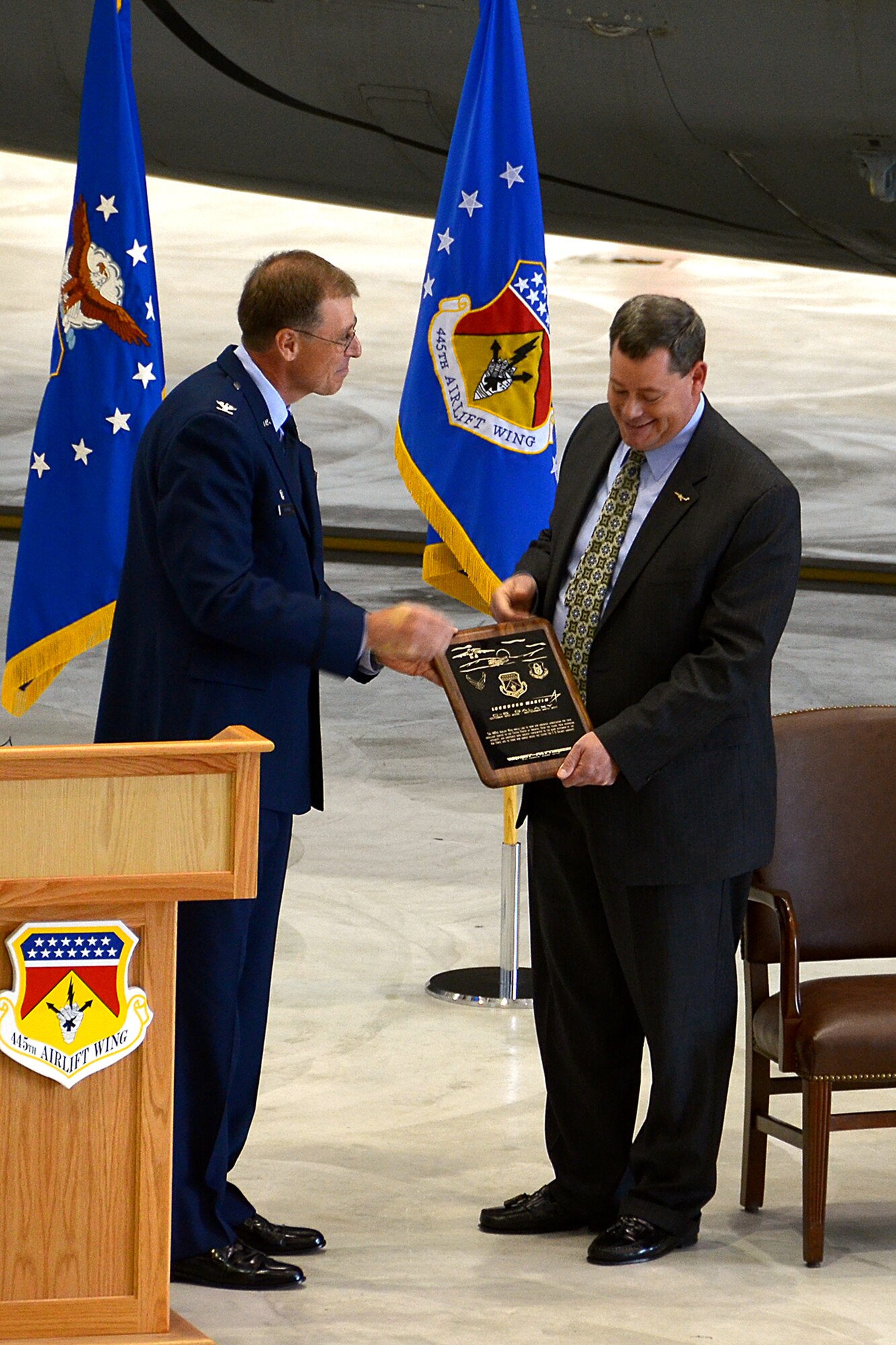 WRIGHT-PATTERSON AIR FORCE BASE, Ohio - The 445th Airlift Wing held a C-5 Galaxy farewell ceremony Oct. 14 to give the men and women of Wright-Patt and community leaders the last opportunity to see the aircraft as it ends its mission here. Col. Stephen Goeman, 445th Airlift Wing commander, and Greg Ulmer, vice president and C-5 program manager, Lockheed, spoke during the event . (U.S. Air Force photo/Senior Airman Mikhail Berlin)