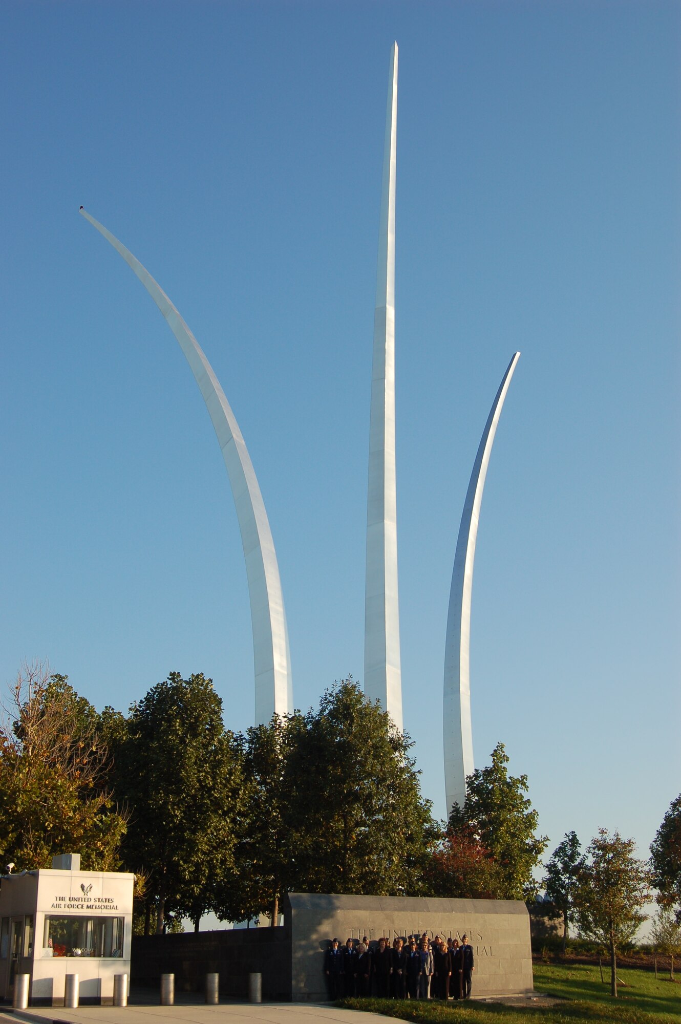 Maj. Gen. Kimberley Siniscalchi, Assistant Surgeon General and attendees of the Air Force Nurse Transition Program conference gather for an early morning group photo at the Air Force Memorial, Oct 7, 2011 (Air Force Photo)
