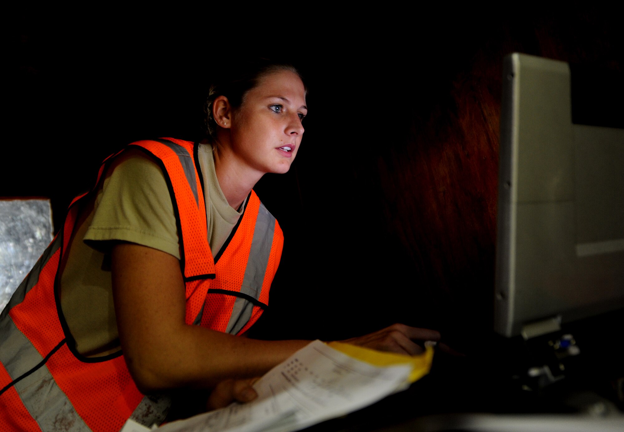 U.S. Air Force Senior Airman Amy Plymak, 18th Logistics Readiness Squadron packing and crating journeyman, performs in-checking cargo during Beverly High 12-1, a Local Operational Readiness Exercise at Kadena Air Base, Japan, Oct. 24. The 18th Wing is participating in the LORE Oct. 24-28 to test the readiness of Kadena Airmen. (U.S. Air Force photo/Airman 1st Class Jarvie Z. Wallace/Released)

