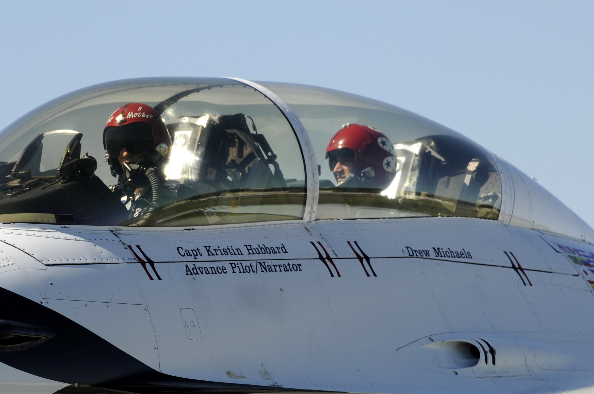 Meteorologist Drew Michaels of local ABC affiliate KHBS/KHOG 40/29 received an orientation ride in a U.S. Air Force Thunderbird F-16D Falcon Sept. 30 during the Fort Smith Air Show, which was attended by a record 255,000 spectators. Capt. Kristin Hubbard, Thunderbird advance pilot and narrator, was Michaels’ pilot. Michaels received a “9G” pin and a framed and autographed lithograph. Michaels pulled 9Gs three times during the flight, which lasted about one hour. (U.S. Air Force photo by Airman 1st Class Hannah Landeros/188th Fighter Wing Public Affairs)