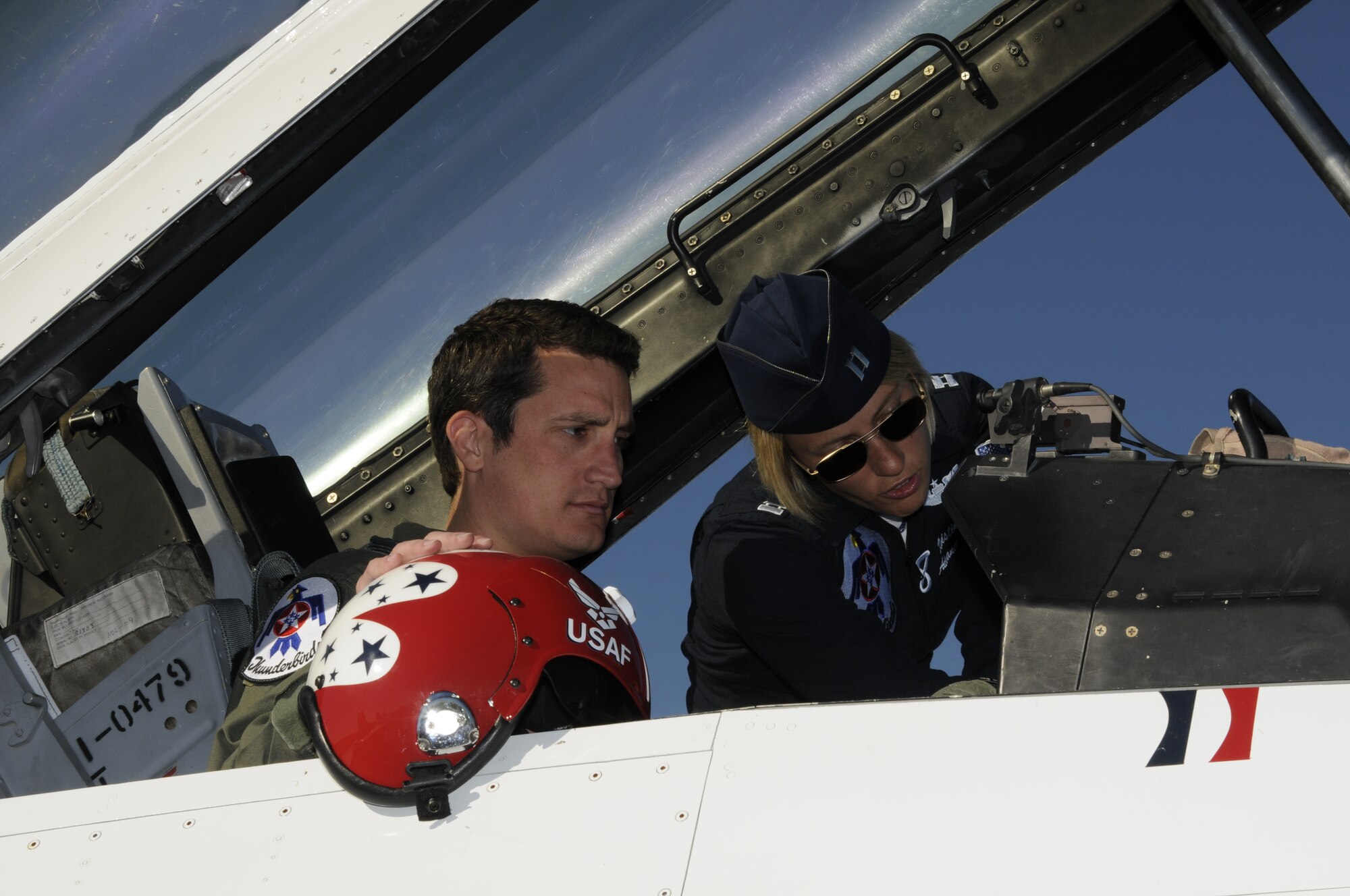 Meteorologist Drew Michaels of local ABC affiliate KHBS/KHOG 40/29 received an orientation ride in a U.S. Air Force Thunderbird F-16D Falcon Sept. 30 during the Fort Smith Air Show, which was attended by a record 255,000 spectators. Capt. Kristin Hubbard, Thunderbird advance pilot and narrator, was Michaels’ pilot. Michaels received a “9G” pin and a framed and autographed lithograph. Michaels pulled 9Gs three times during the flight, which lasted about one hour. (U.S. Air Force photo by Senior Master Sgt. Dennis Brambl/188th Fighter Wing Public Affairs)