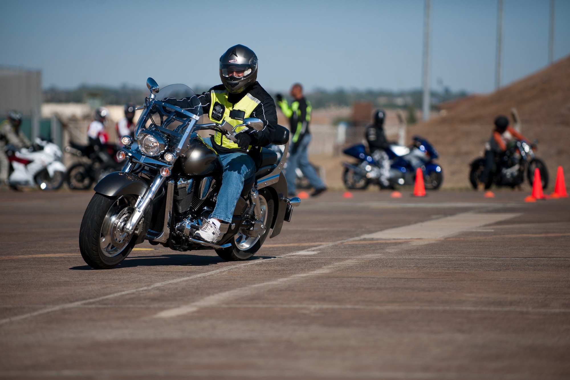 Participants start another round of the skills course portion of the Motorcycle Rodeo Oct. 21, 2011, at Incirlik Air Base, Turkey. The 39th Air Base Wing Safety Office hosted the rodeo and designed the course to give riders a chance to practice curves and other maneuvers at higher speeds than the basic riders course. (U.S. Air Force photo by Tech. Sgt. Michael B. Keller/Released)