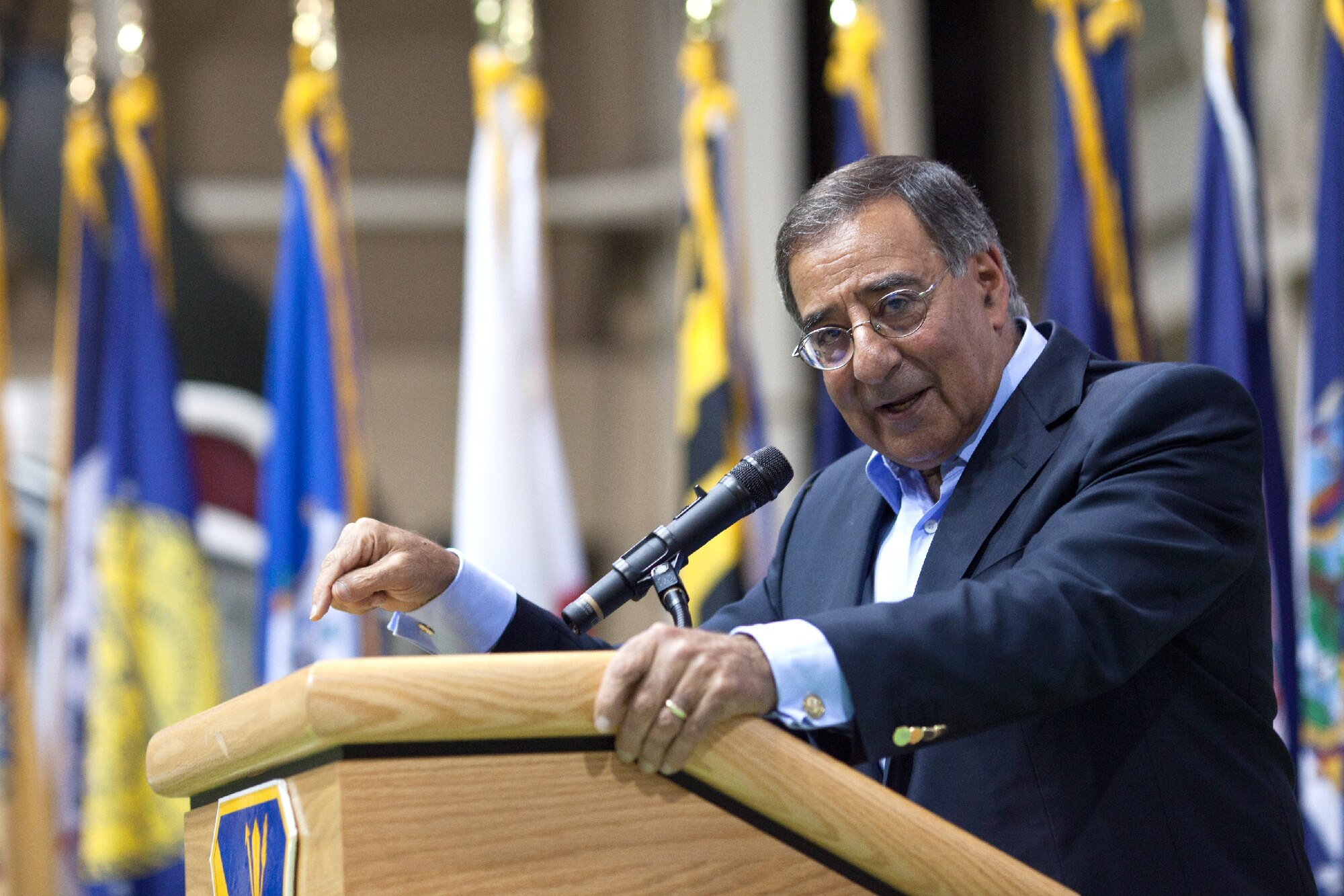 YOKOTA AIR BASE, Japan -- Secretary of Defense Leon Panetta addresses Japanese and U.S. service members at Yokota Air Base, Oct. 24, 2011. This is Panetta's first trip to Japan as Secretary of Defense. (U.S. Air Force photo/Osakabe Yasuo)