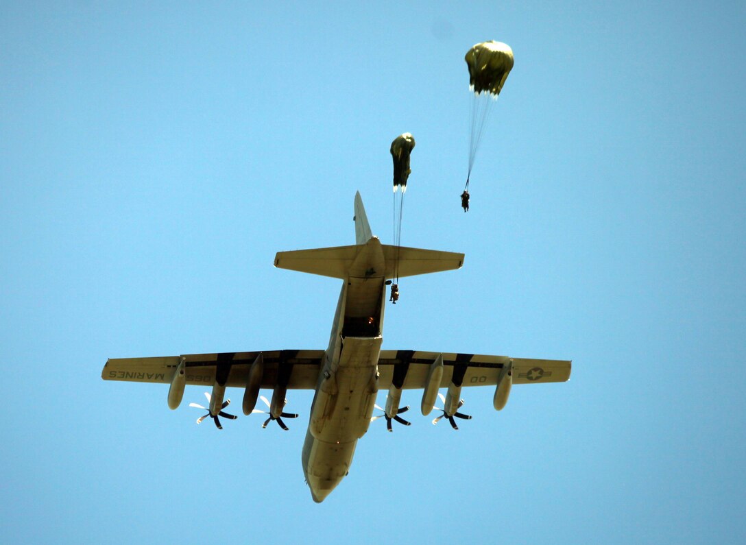 Marines with Force Reconnaissance Platoon, 31st Marine Expeditionary Unit, jump out of a C-130 Hercules airplane during a bilateral, low-level static-line parachuting exercise, Oct 25. The Marines were conducting the training with members of the Philippine Armed Forces during the Amphibious Landing Exercise. The 31st MEU is operating in support of the 3rd Marine Expeditionary Brigade for the exercise, is the only continuously forward-deployed MEU and remains the United States’ force in readiness in the Asia-Pacific region.