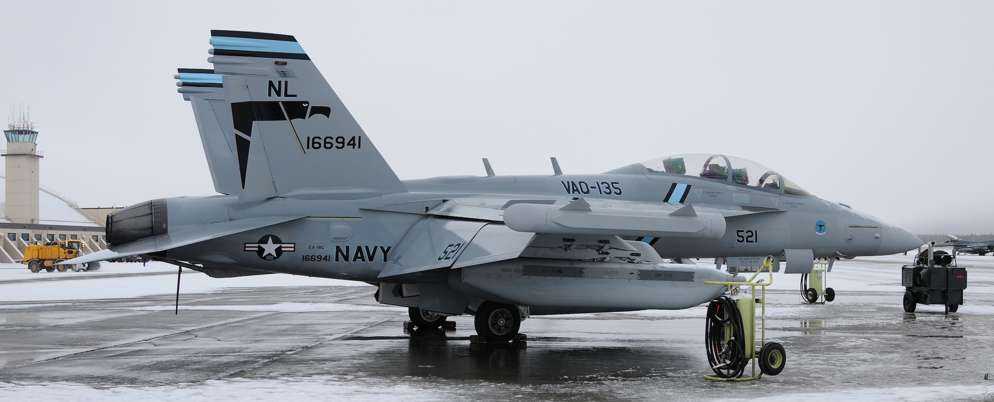A U.S. Navy EA-18G Growler assigned to Widbey Island Naval Air Station, Wash., sits on the flightline near the conclusion of RED FLAG-Alaska 12-1 Oct. 19, 2011, Eielson AFB, Alaska. RF-A is a two-week exercise that provides training for deployed maintenance and support personnel in sustainment of large-force deployed air operations. (U.S. Air Force photo by Senior Airman Janine Thibault/Released)