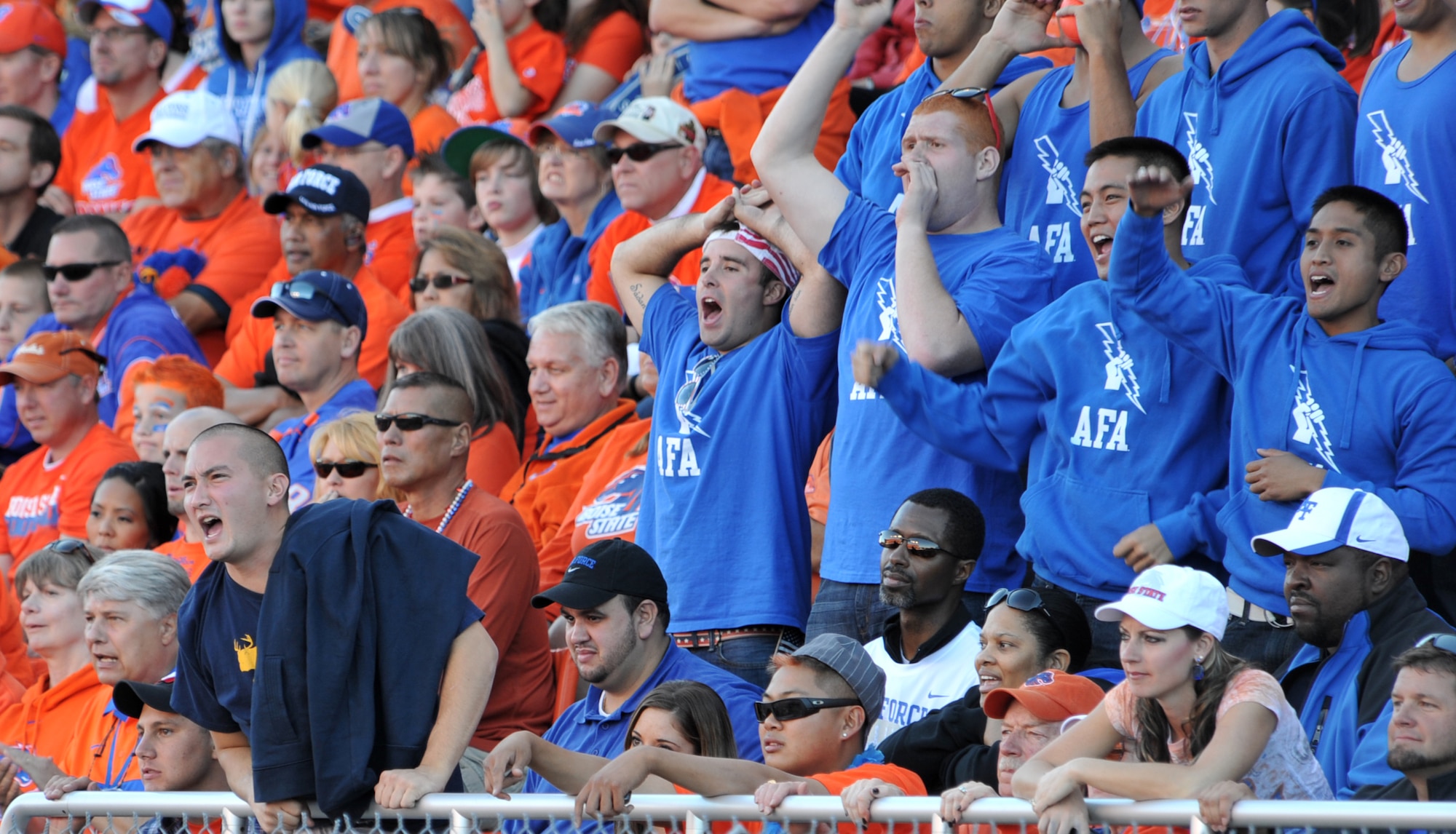 Air Force Academy fans cheer after a Falcon touchdown late in the fourth quarter in the matchup between the AFA and Boise State Broncos Oct. 22, 2011 at Bronco Stadium in Boise, Idaho. The Broncos were favored by 30 points, but were held to an 11-point lead by the Falcon defense for a final score 37-26. (U.S. Air Force photo by Airman 1st Class Heather Hayward) 