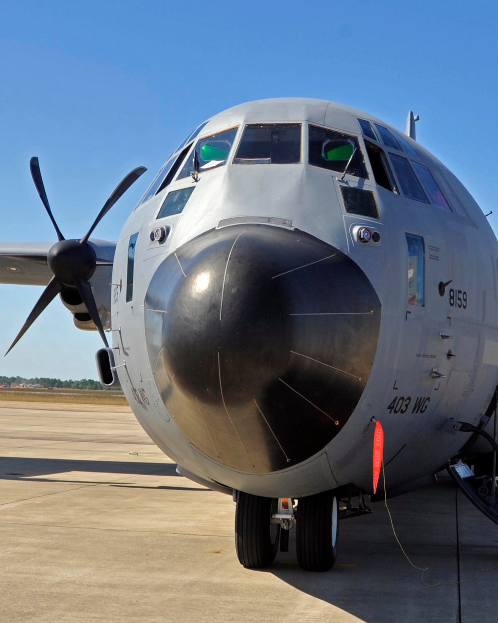 An 815th Airlift Squadon C-130J "smiles" as it awaits boarding passengers Oct. 21. The C-130J, along with C-130H and C-5 aircraft, participated in a five-day, three-wing Operational Readiness Exercise held at the Combined Readiness Training Center, Gulfport, Miss. Reservists and Air National Guardsmen from the 403rd Wing, 433rd Airlift Wing, and 165th AW were tested on various military scenarios during the exercise. The ORE is the precursor to the Wings' Operational Readiness Inspection in early 2012. (U.S. Air Force photo by Maj. Heather Newcomb) 
