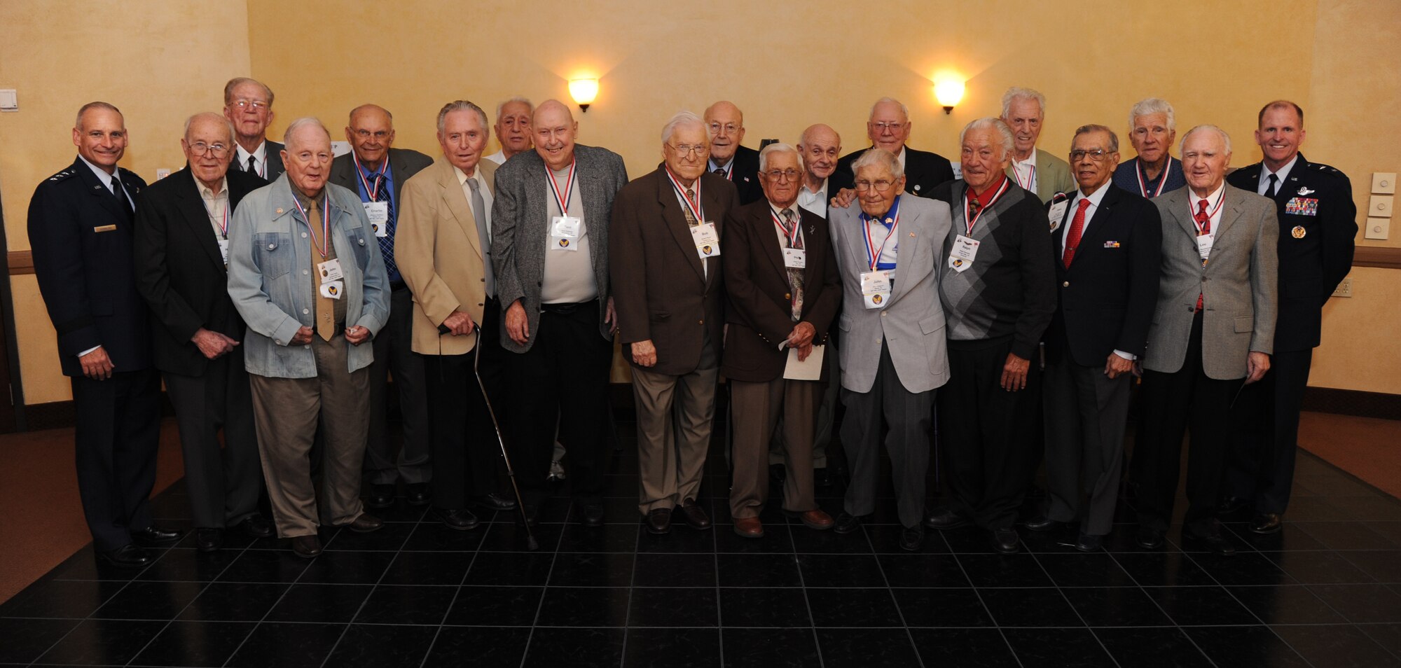 BARKSDALE AIR FORCE BASE, La. -- Lieutenant General James Kowalski (left), commander of Air Force Global Strike Command, spoke at the 98th Bombardment Group/Wing Veterans Association reunion honoring World War II veterans who participated in the Ploesti Raids in Romania from 1943-1944.  The general is pictured with the Ploesti Raiders in attendance and the commander of 8th Air Force, Maj. Gen. Stephen Wilson. (U.S. Air Force photo/Master Sgt. Corey A. Clements)