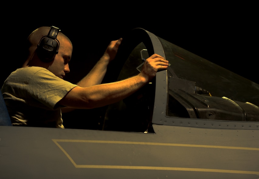 U.S. Air Force Staff Sgt. Daniel Ramey, 67th Fighter Squadron avionics specialist, checks the fuel test indicator on a F-15 during local operational readiness exercise Beverly High 12-1 at Kadena Air Base, Japan, Oct. 25. The exercise tested the Wing's ability to deploy and receive forces as well as generate sorties. (US Air Force photo/Airman 1st Class Jarvie Z. Wallace)

