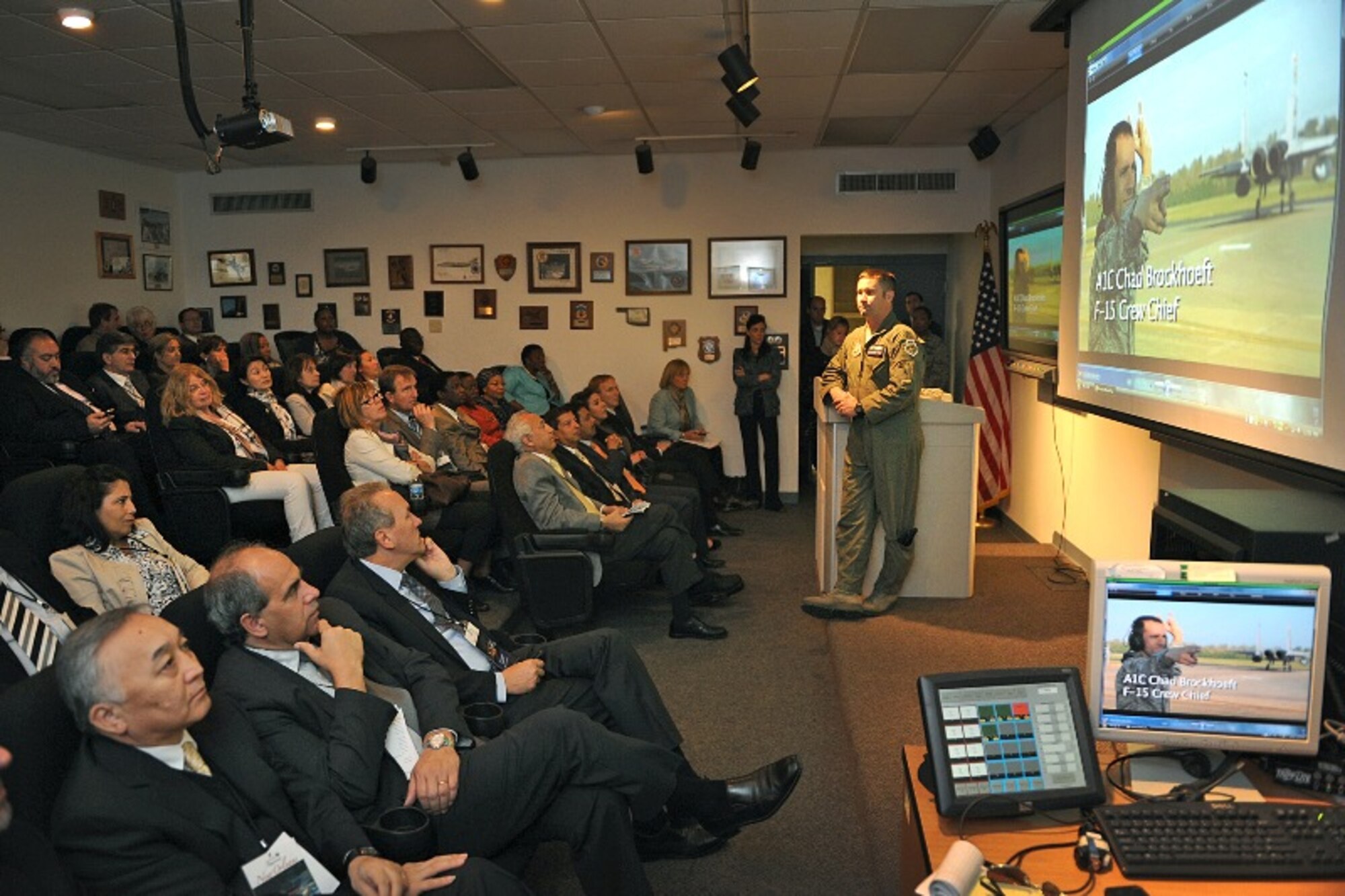 BELLE CHASSE, La. – The 159th Fighter Wing, Louisiana Air National Guard, Operations Group Commander Lt Col. Shawn Coco briefs foreign ambassadors, their spouses and State Department staff members with the Experience America program at NAS-JRB New Orleans, La., Oct. 21, 2011.  The program gives foreign ambassadors from around the world a better understanding of the United States through a series of high-level meetings, tours and interactions with business and civic leaders in American states and cities. (U.S. Air Force photo by Master Sgt. Dan Farrell, 159th Fighter Wing Public Affairs Office/Released)