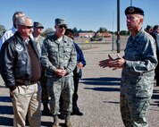 Col. John Wilcox, 90th Security Force Group commander, greets Lt. Gen. Richard Newton, Air Force Assistant Vice Chief of Staff, during the Air Force Chief of Staff Civic Leader Program tour of F. E. Warren Air Force Base, Wyo. The Air Force Chief of Staff Civic Leader Program is comprised of respected community leaders selected from the Air Force major commands, National Guard Bureau and Headquarters Air Force. The Air Force Civic Leaders are unpaid advisors who serve as a civilian interface between the Air Force and the civilian community. (U.S. Air Force photo by Matt Bilden)