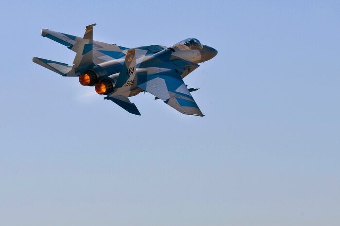 U.S. Air Force Capt. David Vincent, 65th Aggressor Squadron pilot, flies an F-15 Eagle with an updated "Splinter" paint scheme Oct. 20, 2011, at Nellis Air Force Base, Nev.  The updated Russian paint scheme promotes realistic threat replication when participating in simulated air to air combat.  (U.S. Air Force photo by Staff Sgt. William P.Coleman/Released)
  

