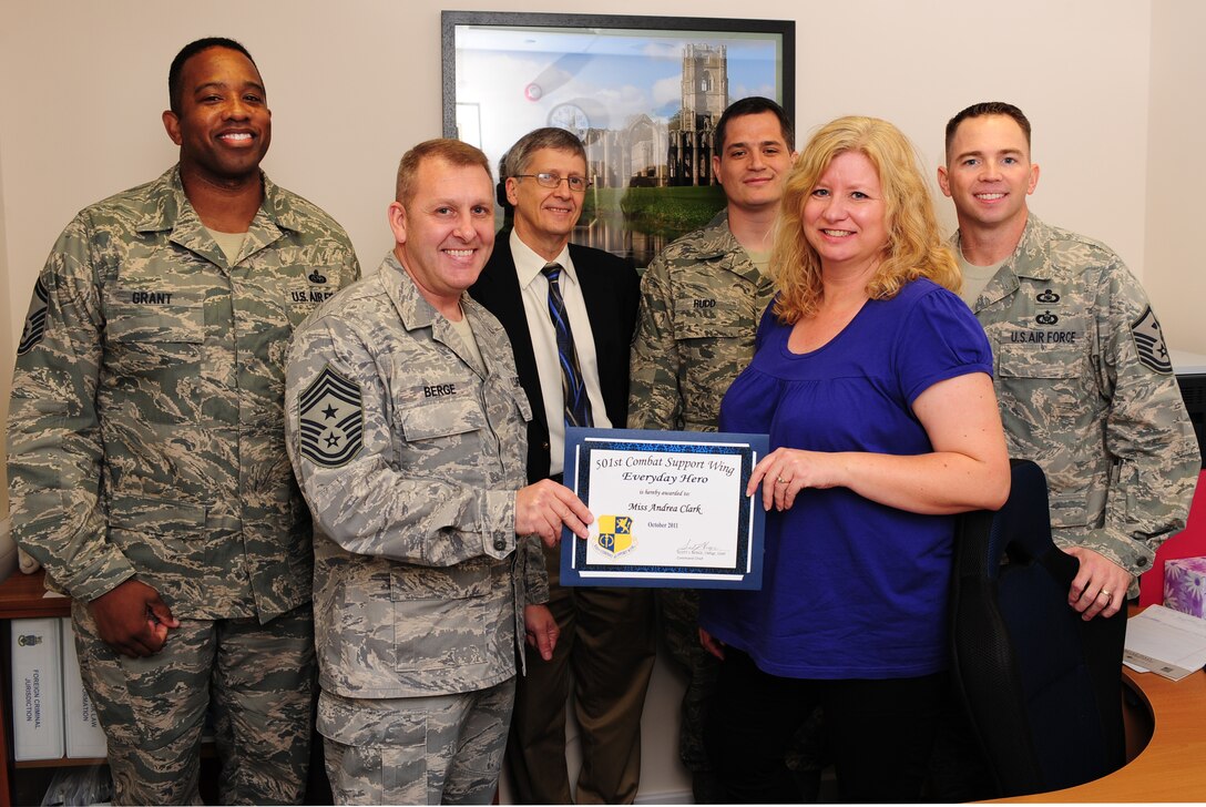RAF MENWITH HILL, United Kingdom - Andrea Clark, 421st Air Base Group Legal Office, was named the October 501st Everyday Hero from the 421st Air Base Group. Clark is the host nation liaison and advises US personnel and commanders on US Foreign Criminal Jurisdiction law and regulations. (Courtesy photo)