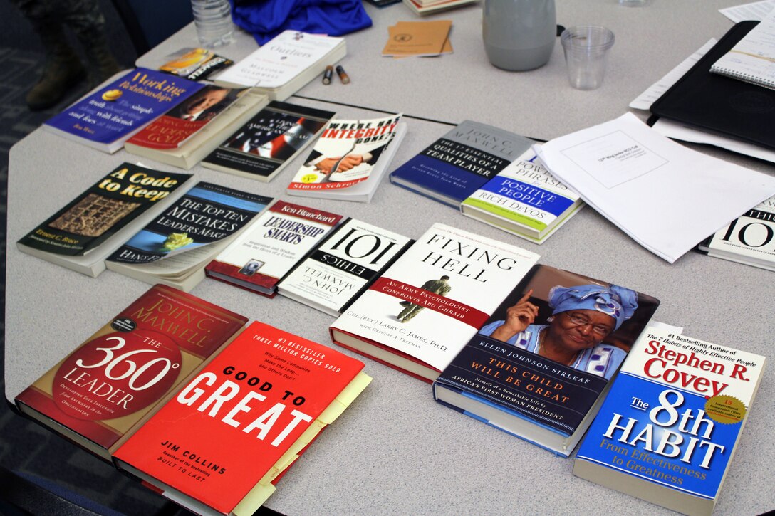 Books and manuals on leadership fill a table at a meeting of noncommissioned officers at Selfridge Air National Guard Base, Mich., Oct. 23, 2011. Air Force NCOs are required to not only become proficient in their particular career field, but to become leaders who are able to meet and exceed the highest levels of military standards. (U.S. Air Force photo by TSgt. Dan Heaton)