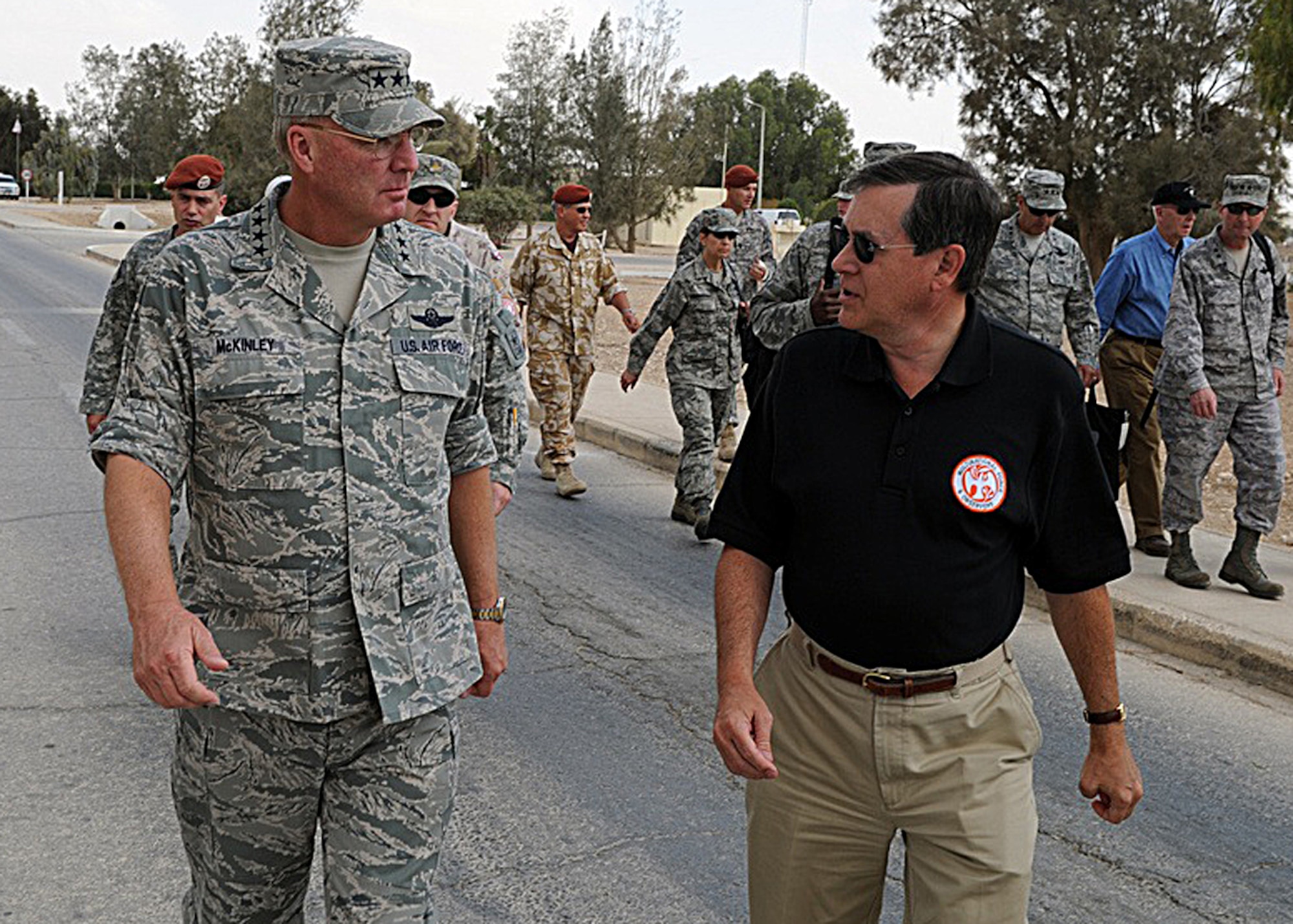 Air Force Gen. Craig McKinley, the chief of the National Guard Bureau, and Ambassador David Satterfield, director general of the Multinational Force and Observers at MFO North Camp in el Gorah, Egypt, on Oct. 22, 2011, during a troop visit and fact-finding mission to the MFO. (U.S. Army National Guard photo by Staff Sgt. Jim Greenhill) (Released)