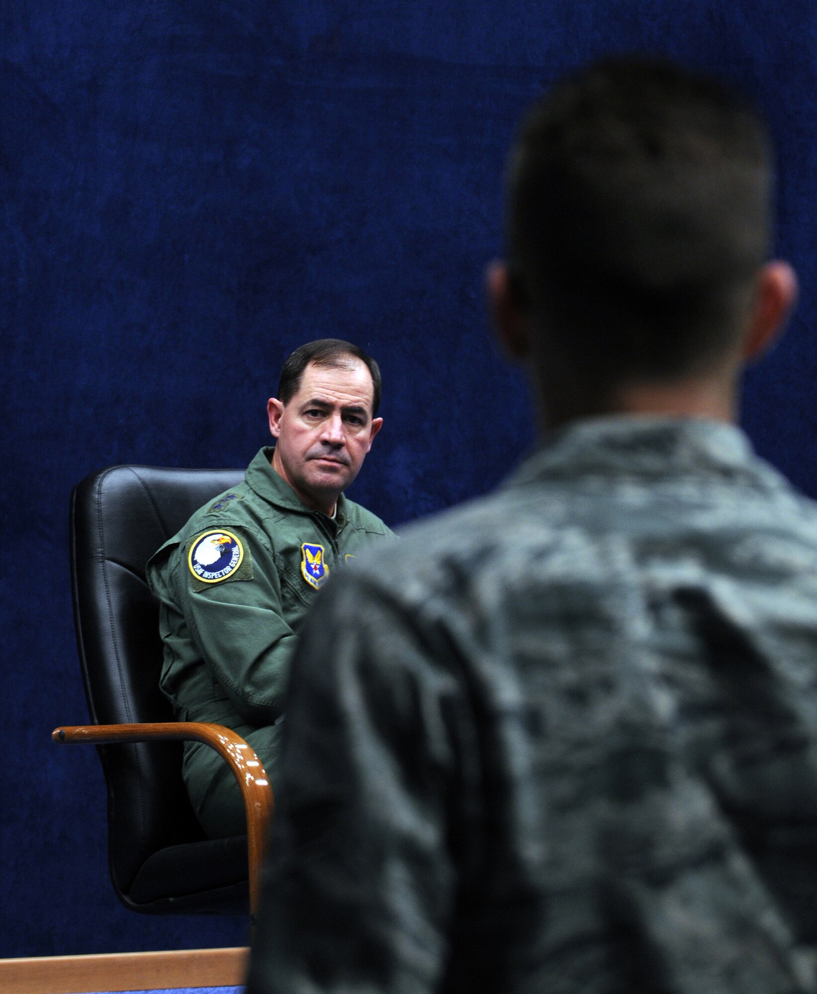 Lt. Gen. Marc Rogers, Air Force Inspector General, answers questions from Airman Leadership School students Oct. 21 at Aviano Air Base, Italy. Rogers spoke to the ALS class on leadership, core values and the characteristics that the students should possess as future leaders. (U.S. Air Force photo/Airman 1st Class Jenay Randolph)