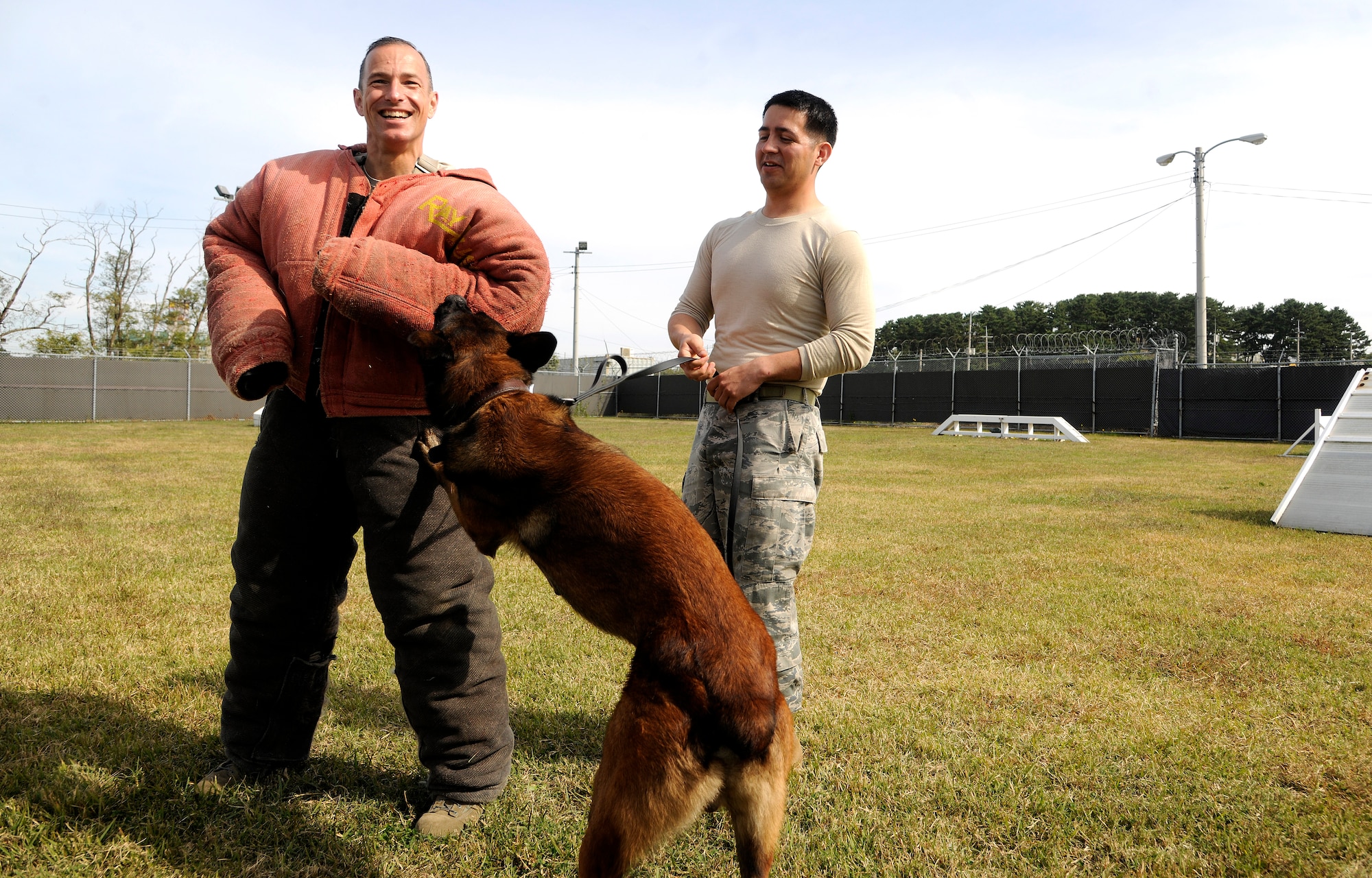 Col. Scott Pleus, 8th Fighter Wing commander, gets bit by Military Working Dog Ssentry at the working dog facility at Kunsan Air Base, Republic of Korea Oct. 21, 2011 Wing leaders visited the 8th Security Forces Squadron K-9 unit to witness a K- 9 demonstration and put on bite suits to experience what training with military working dogs feels like.  (U.S. Air Force photo by Staff Sgt. Rasheen Douglas/Released)