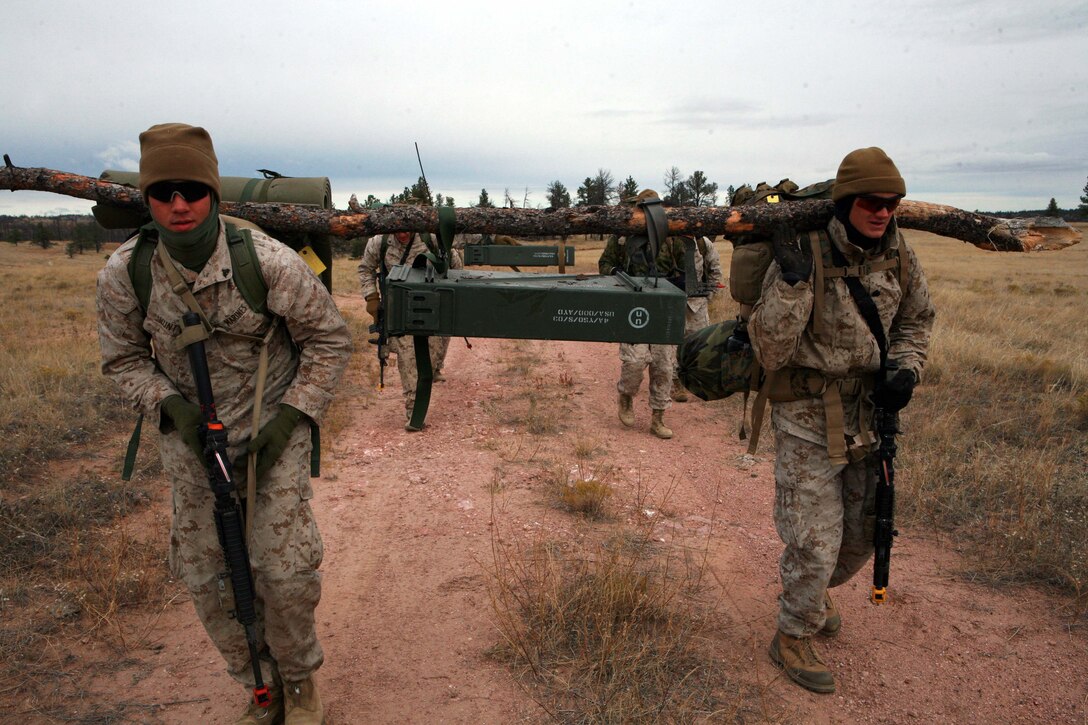 Marines with 2nd Air-Naval Gunfire Liaison Company, II Marine Expeditionary Force, use tree branches and their belts to move ammunition aboard Camp Guernsey Army Air Field, Wyo., Oct. 27. The movement was a part of a two-day training event that included 20 different exercises. ANGLICO spent approximately three weeks practicing skills such as land navigation and live fire convoys to prepare for an upcoming deployment to Afghanistan.