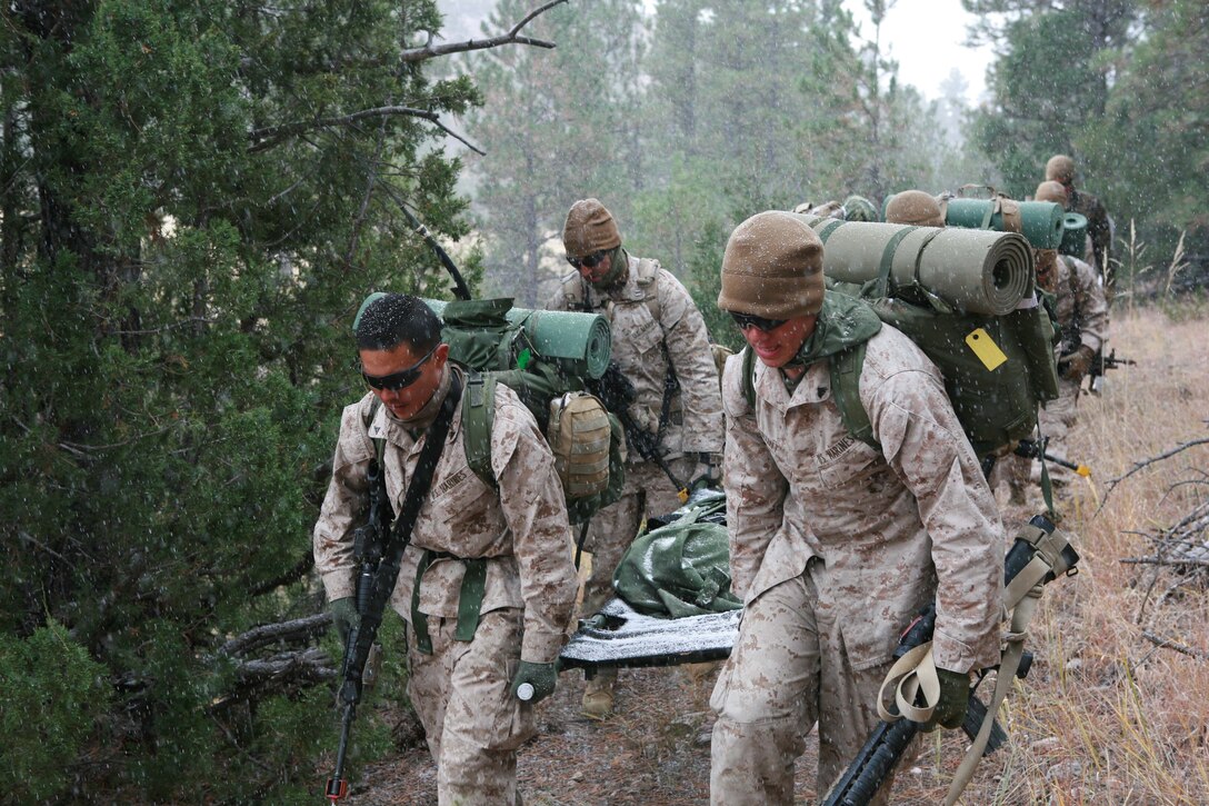 (left) Lance Cpl. Andrew D. Kim, fire support man, 2nd Air-Naval Gunfire Liaison Company, II Marine Expeditionary Force,  and other Marines with ANGLICO, carry a 250-pound stretcher up the side of a hill for a mock medical evacuation aboard Camp Guernsey Army Air Field, Wyo., Oct. 27. The exercise was part of a two day event covering numerous skills such as patrolling and air strikes. Over the two-day event ANGLICO conducted approximately 20 different exercises to prepare for an upcoming deployment to Afghanistan.