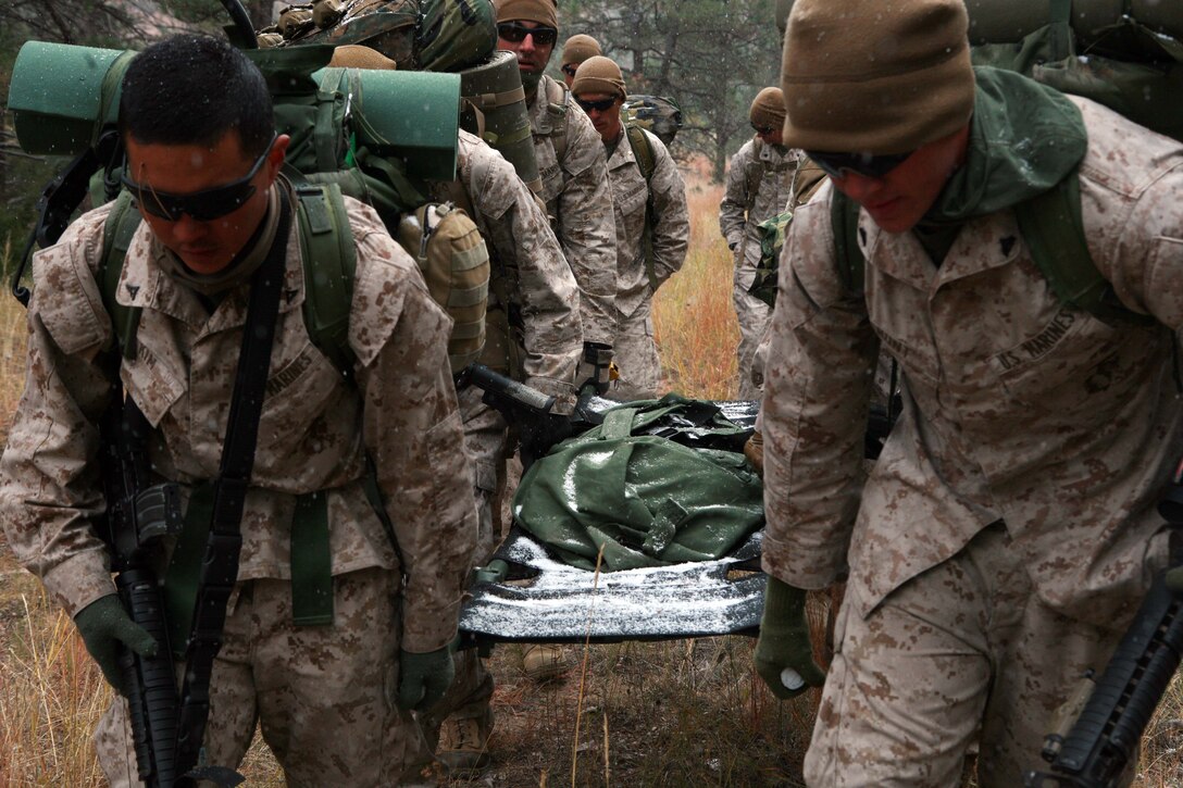 left) Lance Cpl. Andrew D. Kim, fire support man, 2nd Air-Naval Gunfire Liaison Company, II Marine Expeditionary Force, and other Marines with ANGLICO, carry a 250-pound stretcher up the side of a hill for a mock medical evacuation aboard Camp Guernsey Army Air Field, Wyo., Oct. 27. The exercise was part of a two-day event covering numerous skills such as patrolling and air strikes. Over the two-day event ANGLICO conducted approximately 20 different exercises to prepare for an upcoming deployment to Afghanistan.