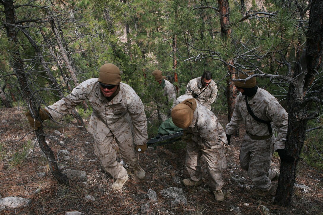 Marines with, 2nd Air-Naval Gunfire Liaison Company, II Marine Expeditionary Force, carry a 250-pound stretcher up the side of a hill for a mock medical evacuation aboard Camp Guernsey Army Air Field, Wyo., Oct. 27. The exercise was part of a two-day event covering numerous skills such as patrolling and air strikes. Over the two day event ANGLICO conducted approximately 20 different exercises to prepare for an upcoming deployment to Afghanistan.