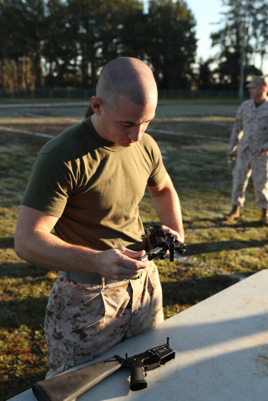 Marines with Combat Logistics Battalion 2, Combat Logistics Regiment 2, 2nd Marine Logistics Group, and 2nd Battalion, 10th Marine Regiment, 2nd Marine Division, participate in a gunner’s course at the Division Training Center aboard Camp Lejeune, N.C., Oct. 26, 2011. The training is a part of pre-deployment training for their upcoming tour in support of International Security Assistance Forces in Helmand province, Afghanistan, next year. (U.S. Marine Corps photo by Pfc. Franklin E. Mercado)