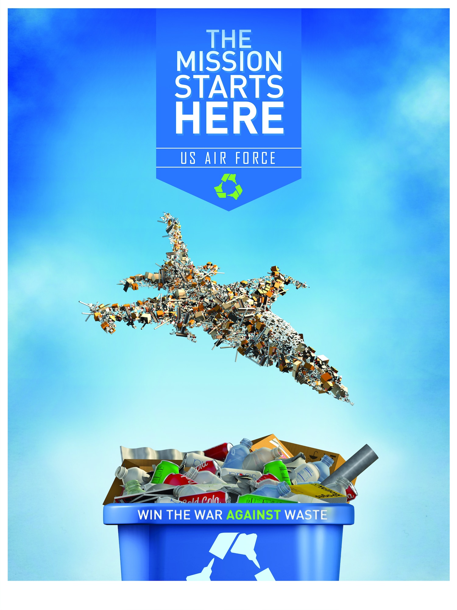 Your mission starts here to "Win the War Against Waste," a continuing Air Force environmental initiative aimed at reducing solid waste. The "Win the War Against Waste" campaign encourages Airmen to do their best to recycle and divert waste from landfills, which facilitates the Air Force's sustainability mission. (U.S. Air Force graphic)
