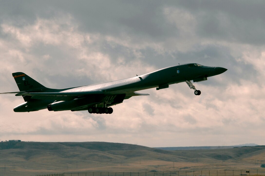 A B-1B Lancer takes off with a Joint Air-to-Surface Standoff Missile on Ellsworth Air Force Base, S.D., Oct. 25, 2011.  This Weapon System Evaluation Program known as Combat Hammer tests the ability of aircrew to employ a given weapon in a operationally representative environment to validate current tactics, techniques, and procedures. (U.S. Air Force photo by Airman Alystria Maurer/Released)