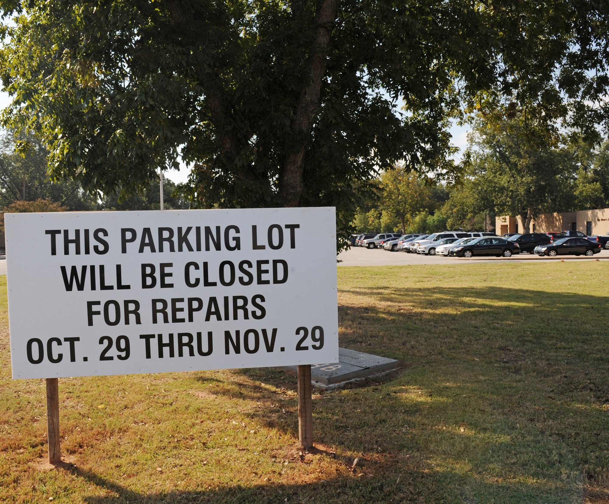 The 2nd Medical Group west parking lot outside the main clinic entrance on Barksdale Air Force Base, La., will close for repairs Oct. 29 at 4:30 p.m. and is not scheduled to re-open until Nov. 29.  Parking areas on the north-side of the building adjacent to the pharmacy and south-side near the TRICARE entrance will remain open.  Patrons are advised to give themselves extra time prior to their appointments. (U.S. Air Force photo/Airman 1st Class Micaiah Anthony)(RELEASED)