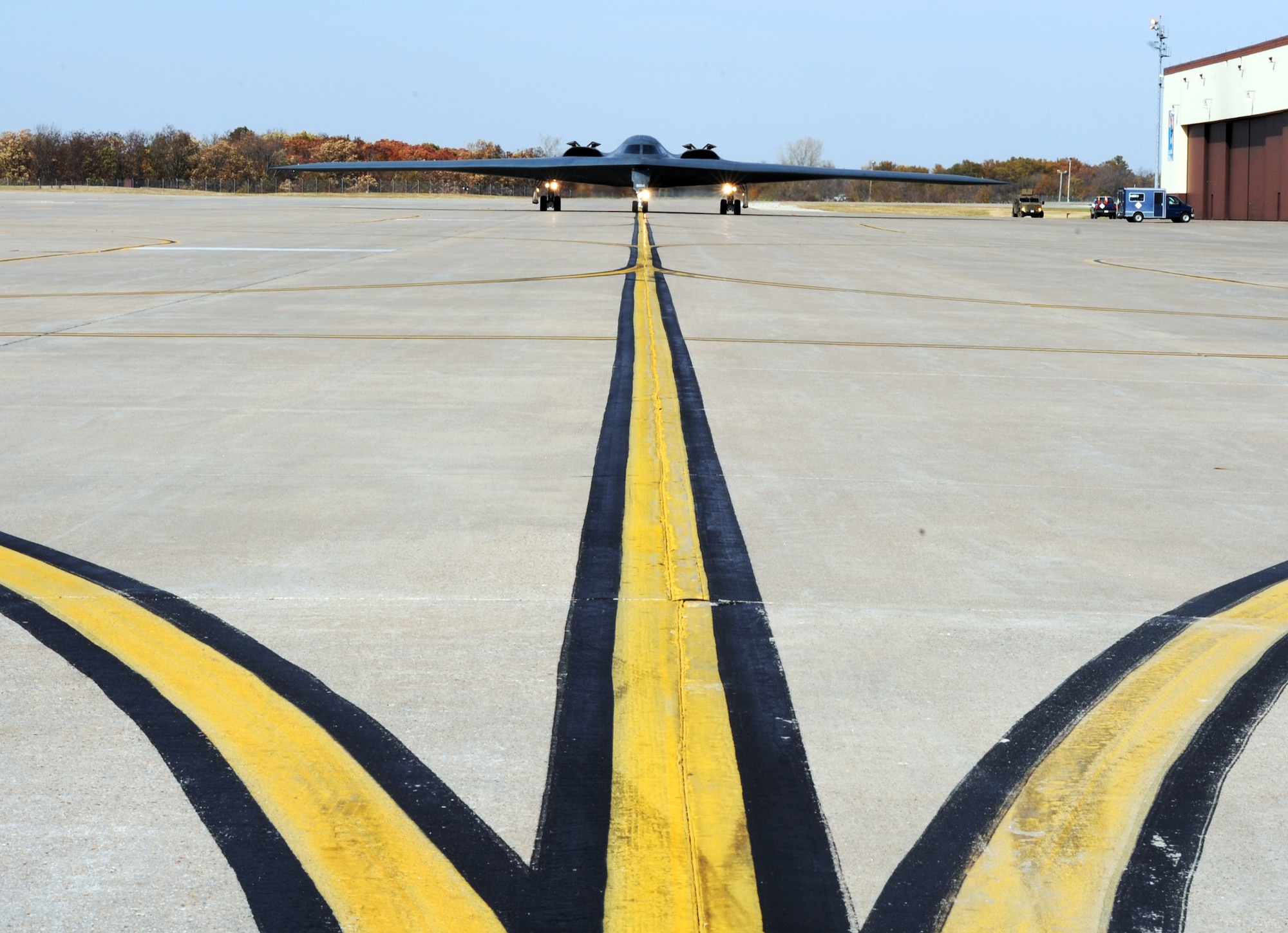 WHITEMAN AIR FORCE BASE, Mo--A B-2 Stealth Bomber taxi down the runway after responding to a rapid launch portion of Global Thunder 12 exercise Oct. 25.  The exercise provides unique training opportunities for component, task force, unit forces, and command posts to deter, and if necessary defeat a military attack against the United States and to employ forces as directed by the president. (U.S. Air Force photo/Senior Airman Laura Goodgame) 