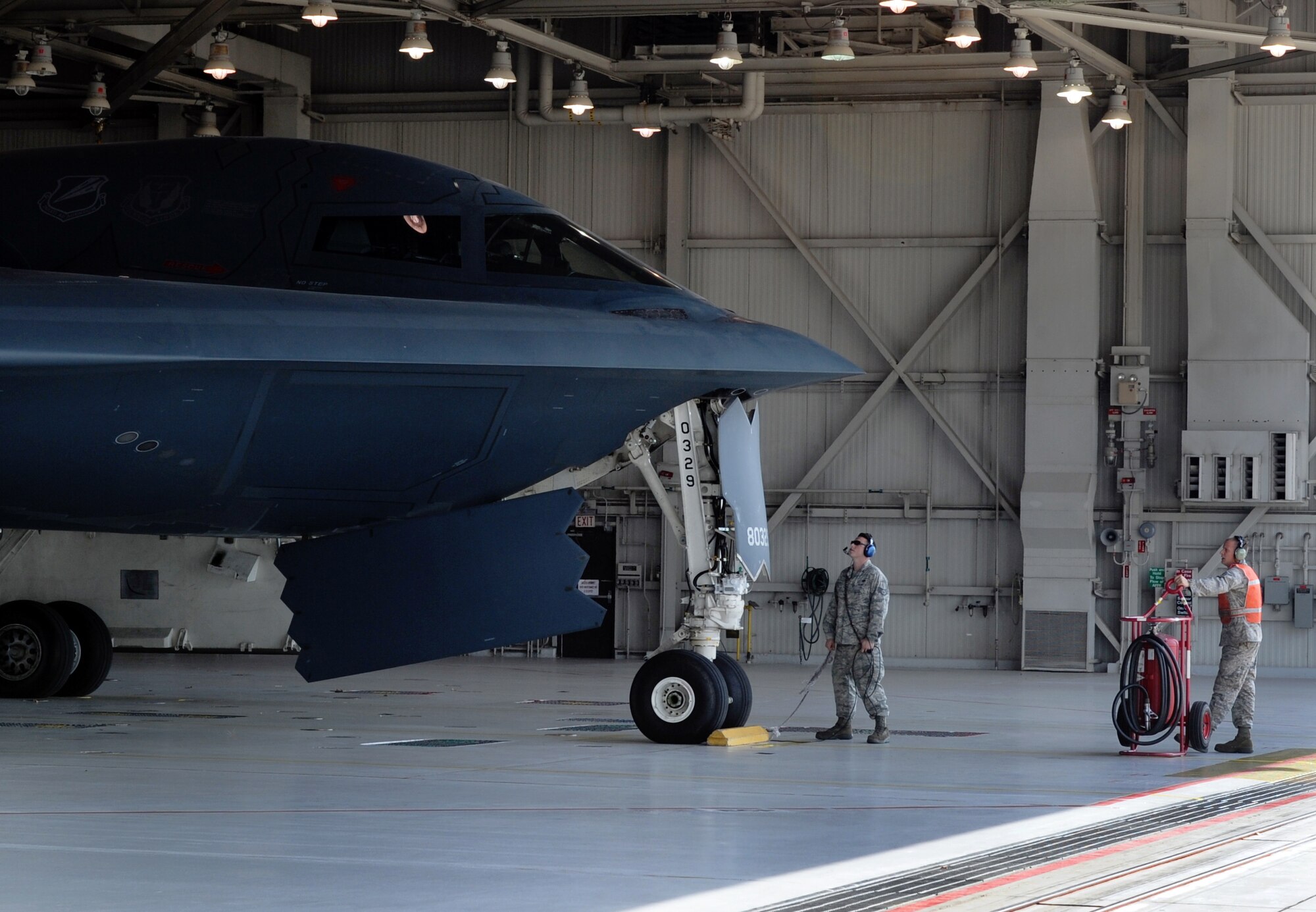 WHITEMAN AIR FORCE BASE, Mo -- 509th Aircraft Maintenance Squadron, maintainers and crew chiefs, prepare B-2 Stealth Bombers for Global Thunder 12 exercise Oct. 25.  The exercise provides unique training opportunities for component, task force, unit forces, and command posts to deter, and if necessary defeat a military attack against the United States and to employ forces as directed by the president. (U.S. Air Force photo/Senior Airman Laura Goodgame) 