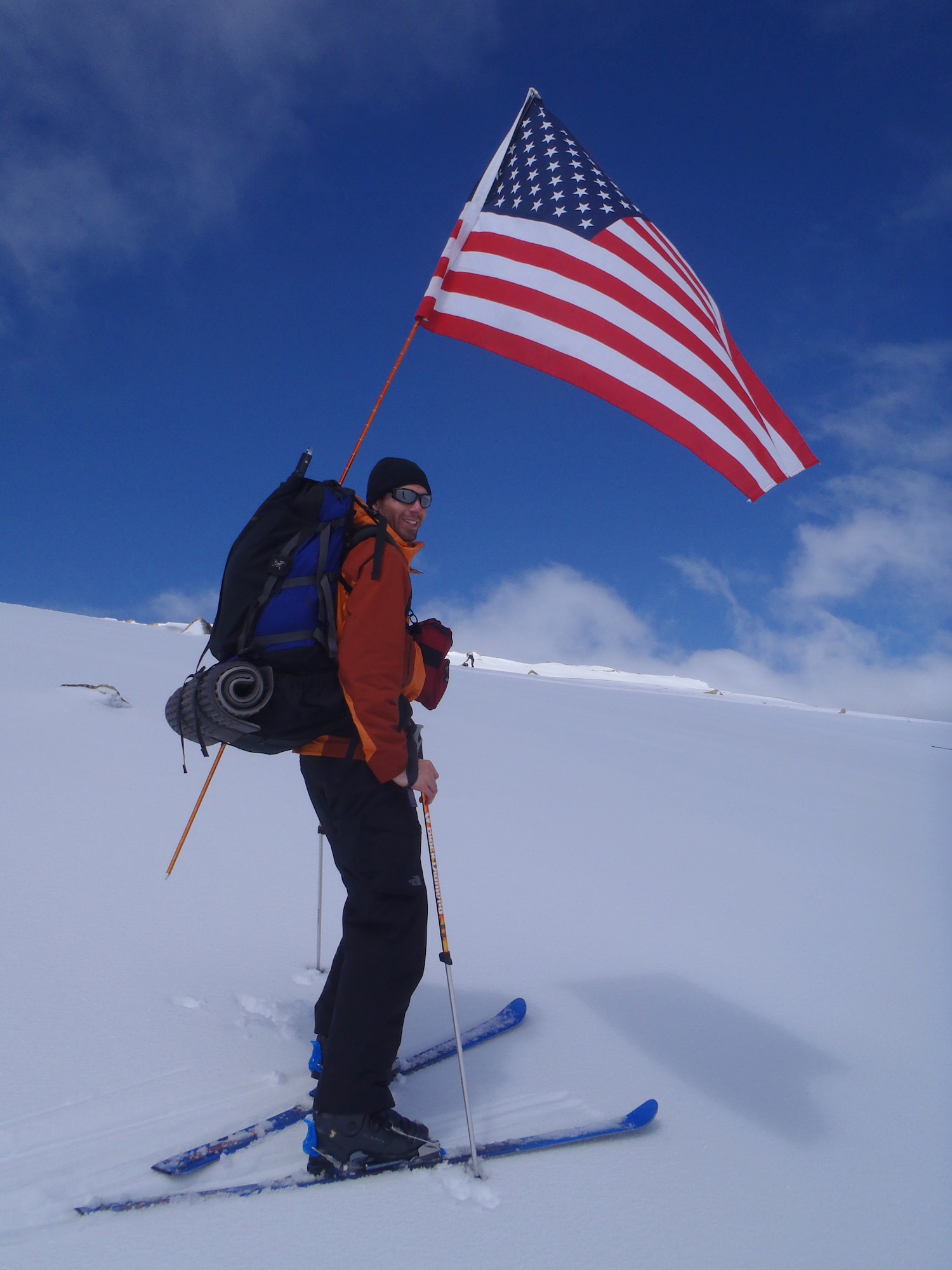 Capt. Graydon Muller, a combat aviation advisor from the 6th Special Operations Squadron, prepares to ski down Mount Kosciuszko in New South Wales, Australia, Oct. 3, 2011. Muller and 12 American and Australian service members climbed the highest peak on the continent as part of the Seven Summits Challenge to raise funds for families of fallen Airmen. (Courtesy photo)