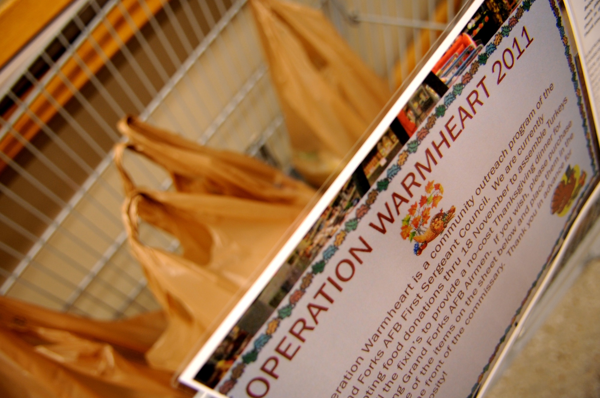 Donated items sit in a cart for Operation Warmheart at Grand Forks Air Force Base, N.D., on Oct. 25. Operation Warmheart is a community outreach program of the GFAFB First Sergeant Council that collects donations to provide a no-cost Thanksgiving dinner for Airmen on base.  Donations are being accepted at the base commissary. (U.S. Air Force photo by Senior Airman Amanda N. Stencil)