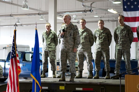 Col. Christopher Coffelt, 90th Missile Wing commander, addresses Airmen in the Maintenance High Bay during the maintenance team send off for the 2nd Annual Global Strike Challenge earlier this year. (U.S. Air Force photo by Matt Bilden)
