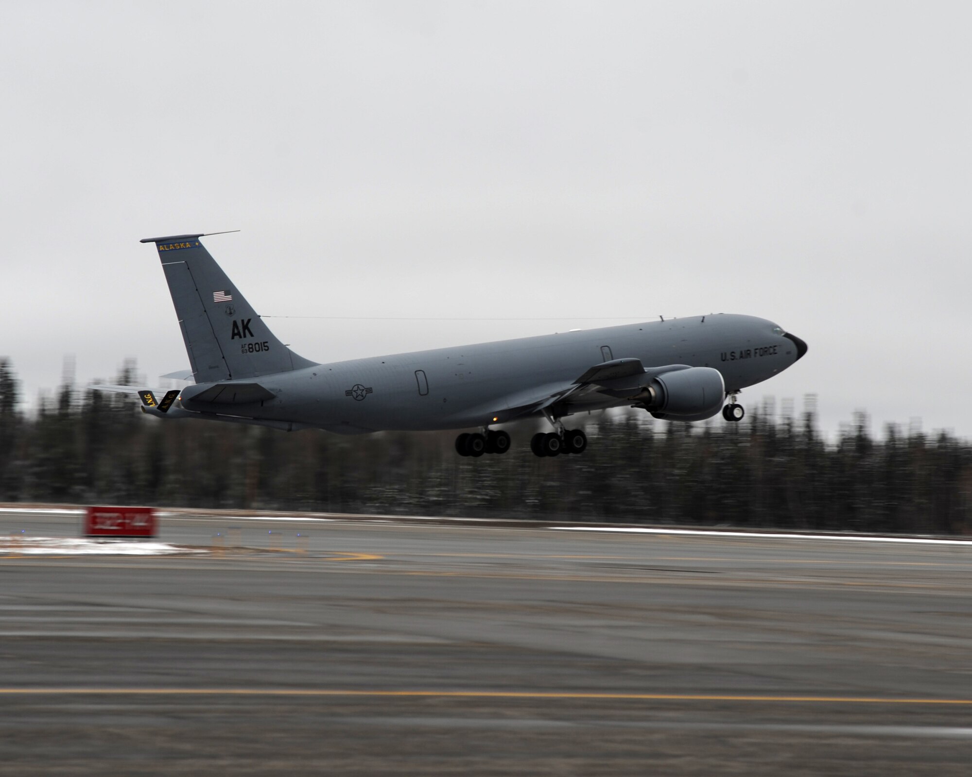 A U.S. Air Force KC-135 Stratotanker assigned to the 168th Air Refueling Wing takes off at Eielson Air Force Base, Alaska, Oct. 18, 2011. The KC-135 is a critical piece in maintaining the air bridge in the Pacific region. (U.S. Air Force photo by Senior Airman Willard E. Grande II)