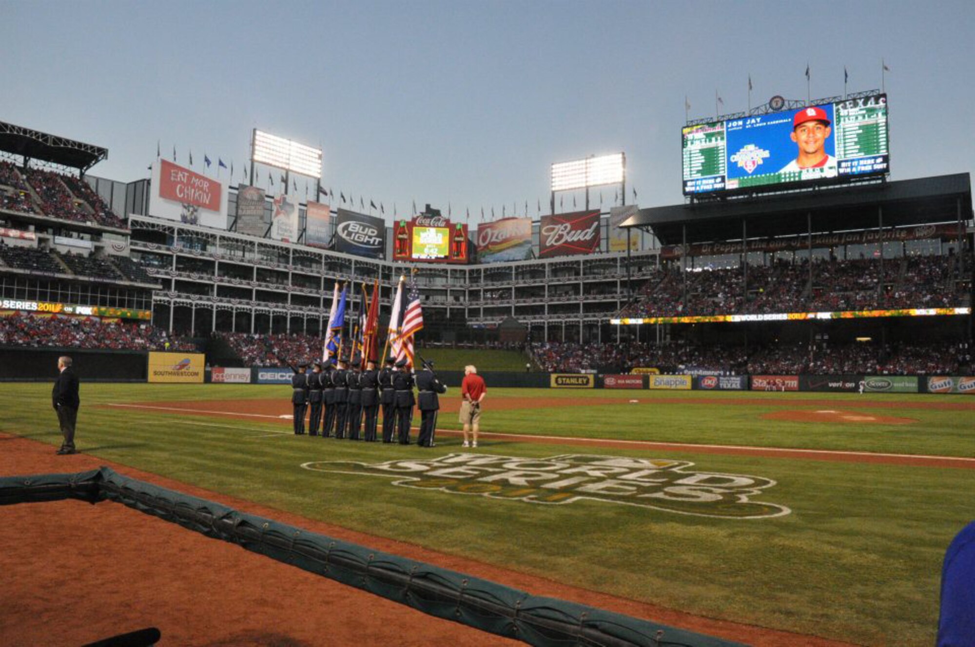 The Sheppard Air Force Base Honor Guard presented the colors at game four of the World Series Oct. 23, 2011, at the Rangers Ballpark in Arlington, Texas, for a crowd of 50,000. (U.S. Air Force courtesy photo/Ben Coker)