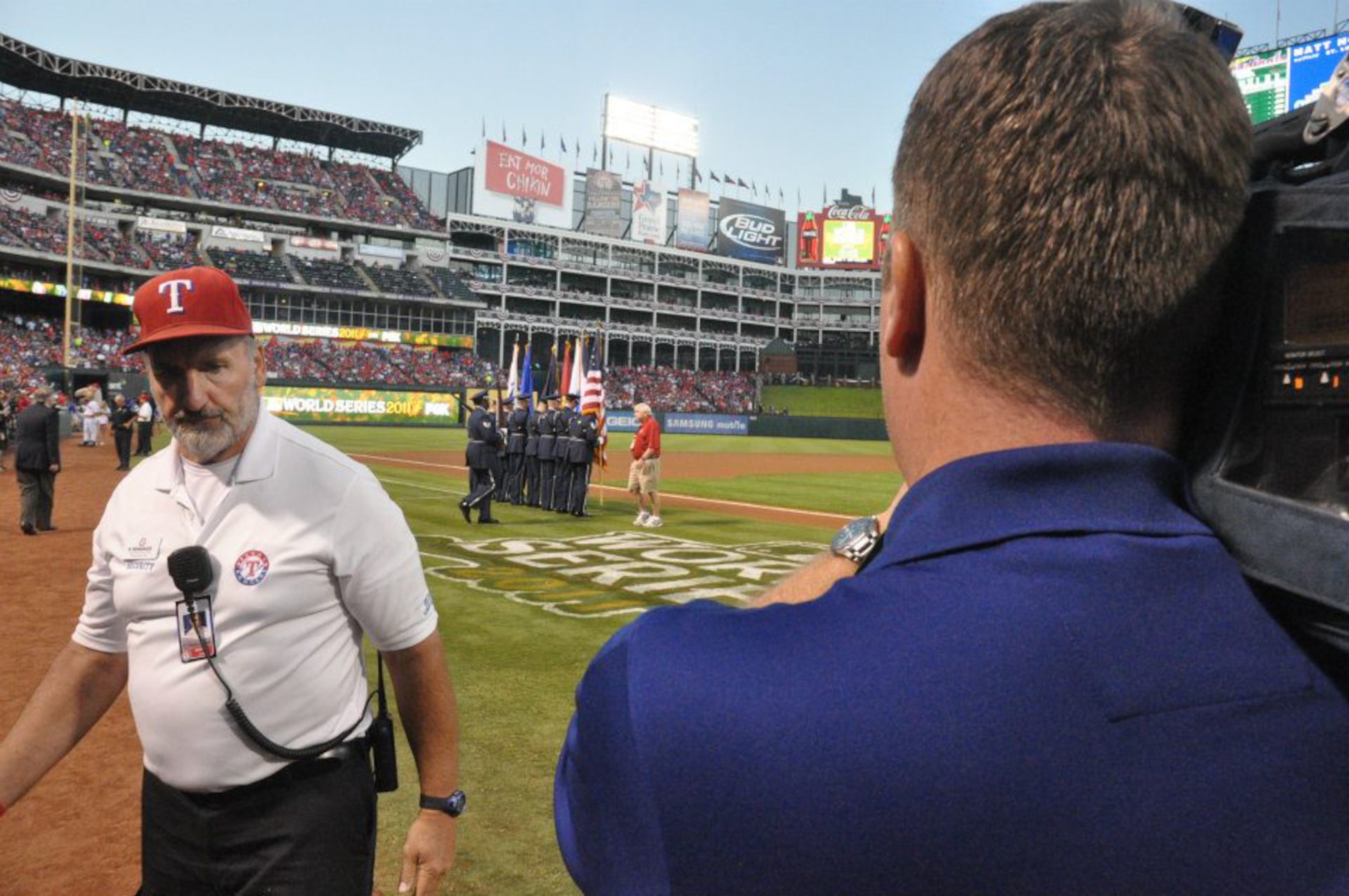 The Sheppard Air Force Base Honor Guard presented the colors at game four of the World Series Oct. 23, 2011, at the Rangers Ballpark in Arlington, Texas, for a crowd of 50,000. (U.S. Air Force courtesy photo/Ben Coker)