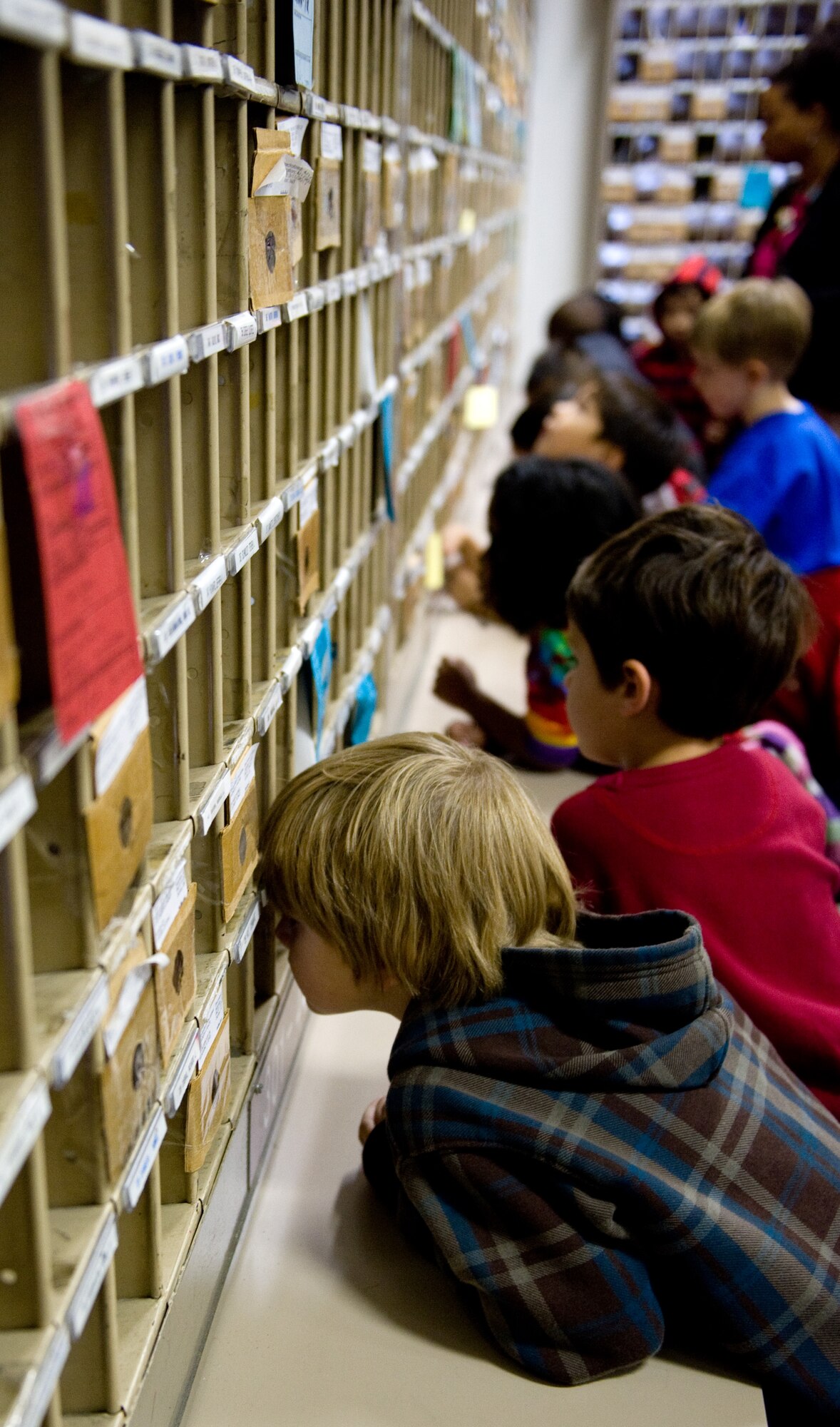 YOKOTA AIR BASE, Japan -- Kindergarten students from Yokota West Elementary School search for their parents' mailbox during their tour of the post office at Yokota Air Base, Japan, Oct. 26, 2011. Kindergarten students from Yokota's West Elementary School visited the post office to get a better understanding of how the mail system works. (U.S. Air Force photo/Airman 1st Class Krystal M. Garrett)
