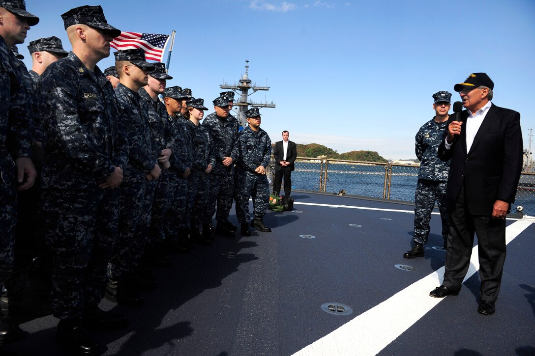 U.S. Defense Secretary Leon E. Panetta addresses sailors stationed aboard the USS Blue Ridge on Yokosuka Naval Base, Japan, Oct. 26, 2011.