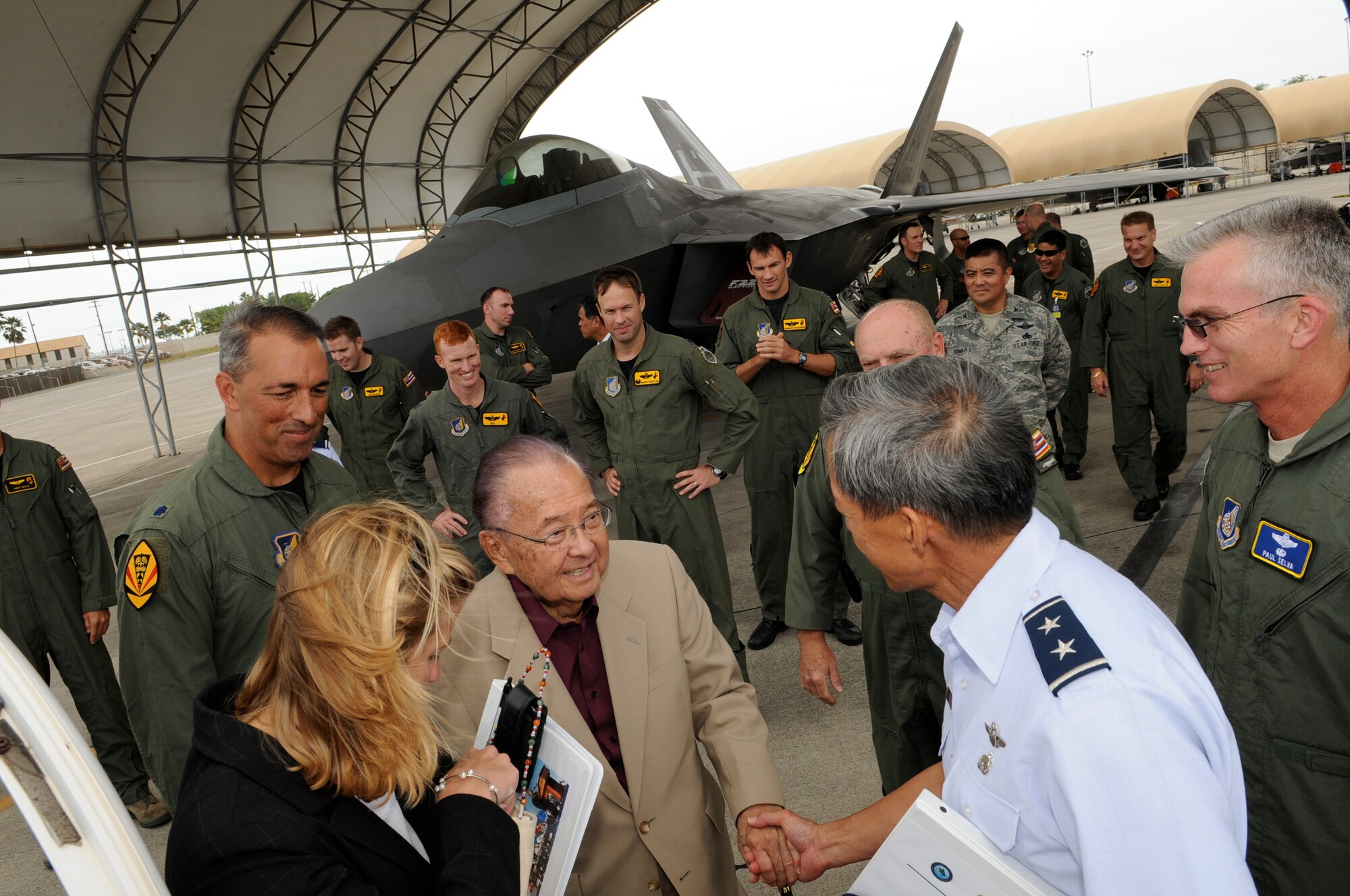 The Adjutant General for the State of Hawaii, Maj Gen Darryll Wong bids aloha to Senator Daniel K. Inouye after his driving tour and F-22 military construction brief at Joint Base Pearl Harbor-Hickam, Hawaii, Oct. 27. Senator Inouye the most senior member of the U.S. Senate. He is the Chairman of the Subcommittee on Defense, with direct responsibility for the largest single item in the annual discretionary funding bills. (U.S. Air Force photo/Senior Master Sgt. Kristen Stanley)
