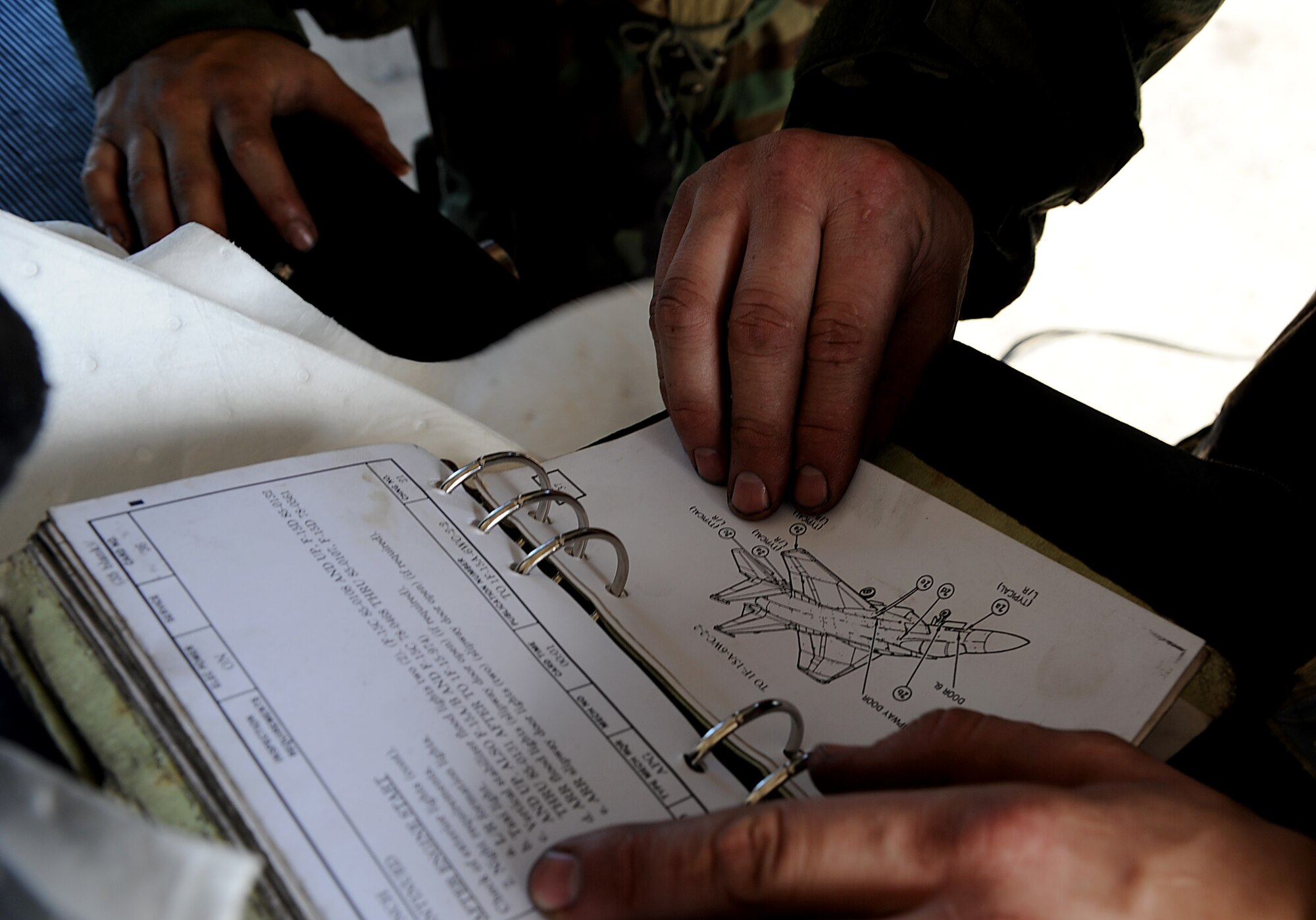 U.S. Air Force crew chiefs assigned to the 18th Aircraft Maintenance Squadron review a technical order while preparing to launch an F-15 during local operational readiness exercise Beverly High 12-1 Oct. 28, on Kadena Air Base, Japan. Technical manuals provide instruction on how to perform maintenance tasks and must be strictly followed. (U.S. Air Force photo/Staff Sgt. Christopher Hummel)