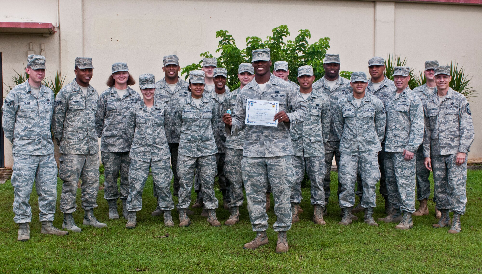 ANDERSEN AIR FORCE BASE, Guam—Airman 1st Class Javon Shipman, 36th Contingency Response Group cyber surety apprentice, was awarded Team Andersen's Best here, Oct. 20. Andersen's Best is a recognition program which highlights a top performer from the 36th Wing. Each week, supervisors nominate a member of their team for outstanding performance and the wing commander presents the selected Airman/civilian with an award. (U.S. Air Force photo/Senior Airman Benjamin Wiseman/Released)