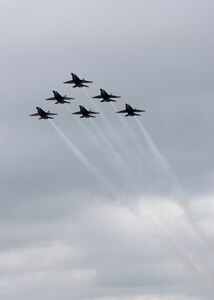 Six F-18 Hornets, with the US Navy Blue Angels, fly into Randolph Air Force Base Oct. 27 in support of the 2011 Randolph AFB Airshow Oct. 29 and 30.The Blue Angels are the headlining act of this year's event. (U.S. Air Force photo/Melissa Peterson) (released)