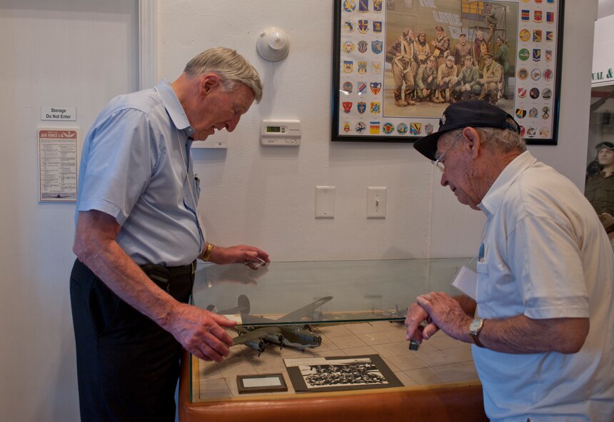 Don Jandernoa and John Herrman, both former World War II pilots, look at a model B-24 Liberator in a display case at the World War II Flight Training Museum in Douglas, Ga., Oct. 18, 2011. Jandernoa and Herrman attended pilot training at the 63rd Flight Training Detachment in Douglas during the 1940s. (U.S. Air Force photo by Airman 1st Class Jarrod Grammel/Released)
